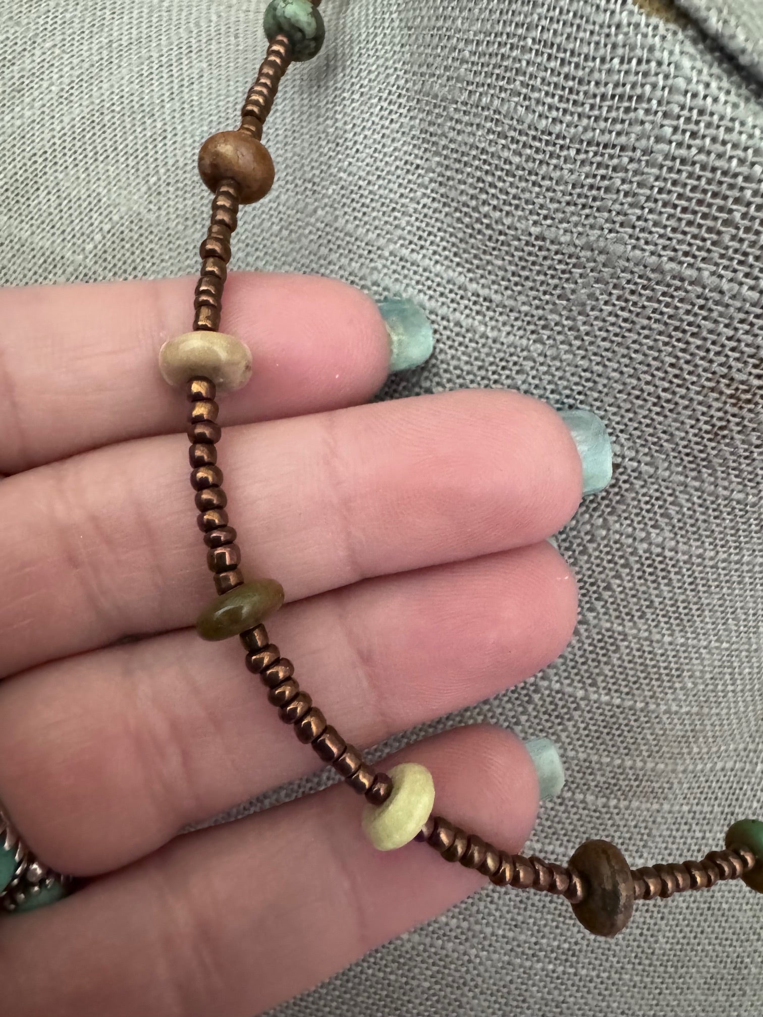 Handmade Green Turquoise & Copper Glass Seed 3mm Beaded Necklace 14"
