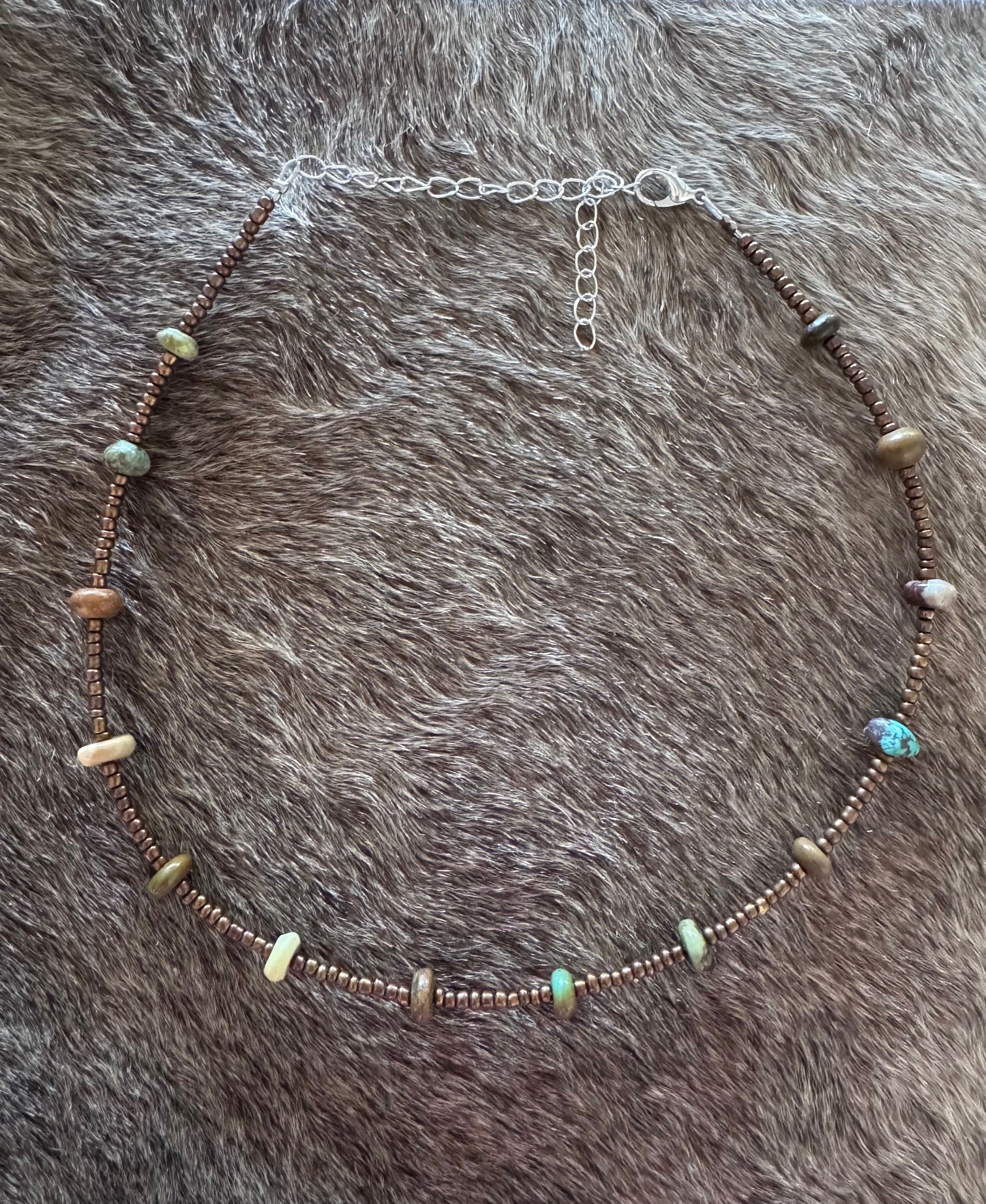 Handmade Green Turquoise & Copper Glass Seed 3mm Beaded Necklace 14"