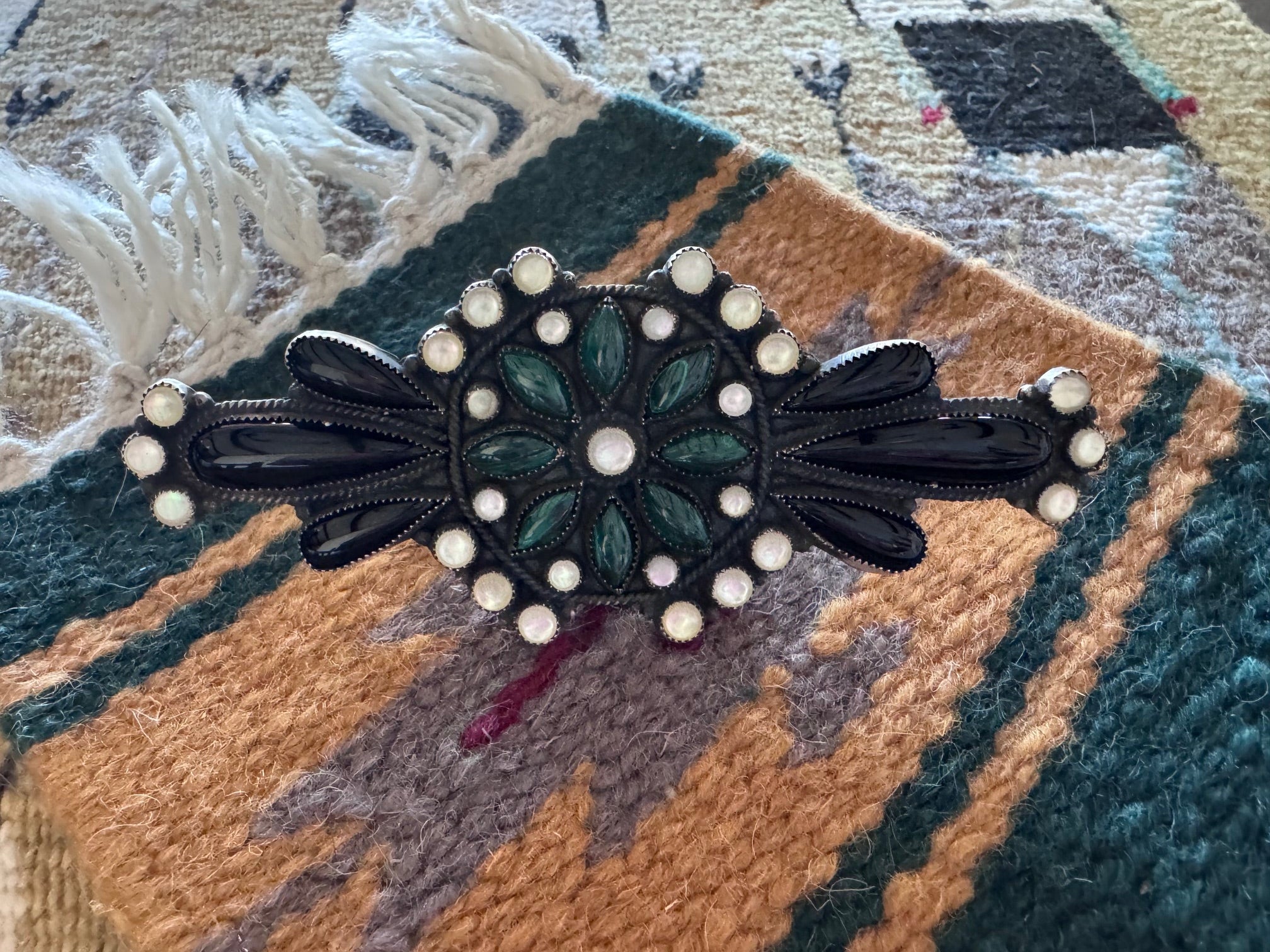 Handcrafted Black Onyx, Malachite & Sterling Silver Ring size 9 by Devin Brown