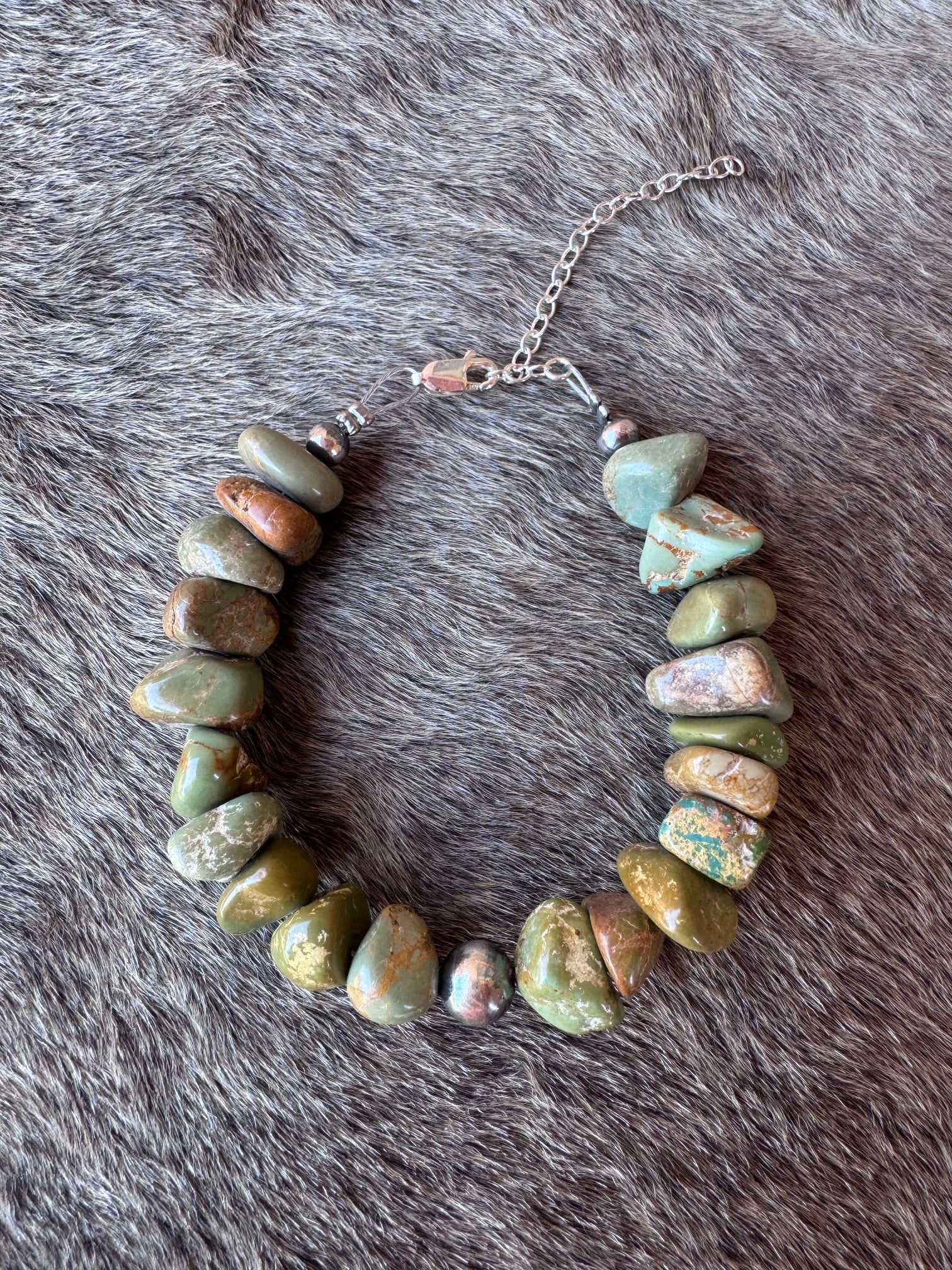Handmade Green Turquoise Nugget & Sterling Silver Pearl Beaded Bracelet 7"