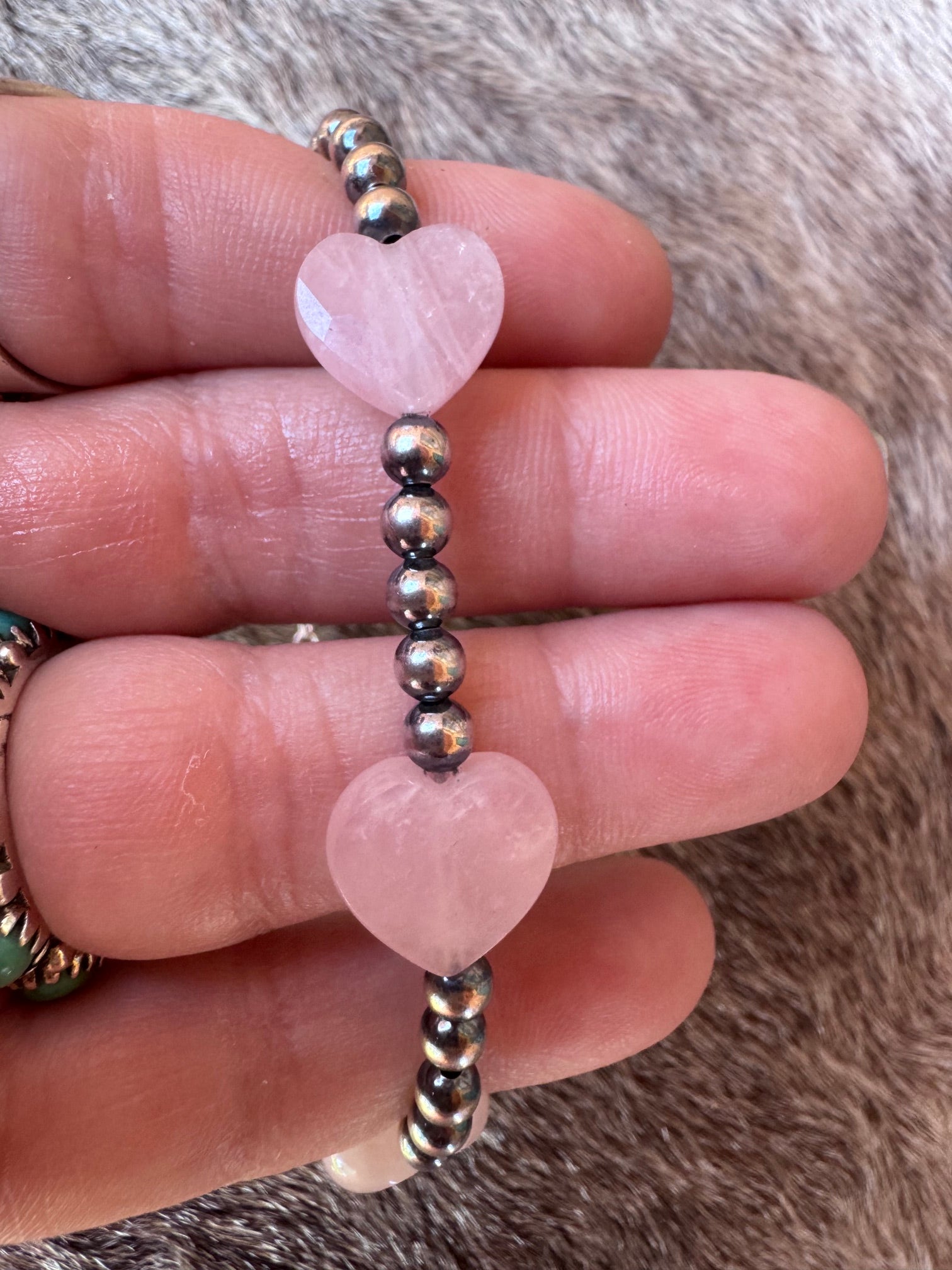Handmade Rose Quartz Heart & Sterling Silver Pearl 4mm Beaded Bracelet 6.5"