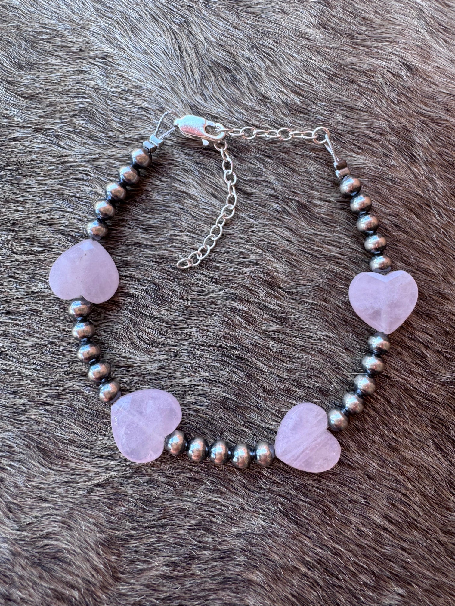 Handmade Rose Quartz Heart & Sterling Silver Pearl 4mm Beaded Bracelet 6.5"