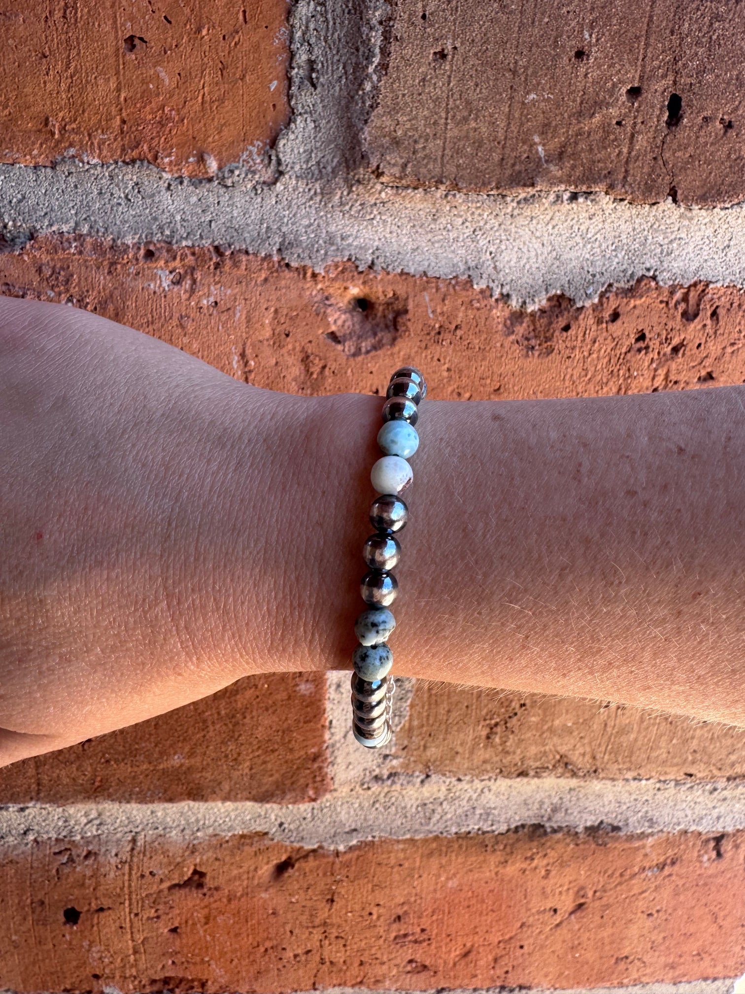 Handmade Larimar & Sterling Silver 6mm Beaded Bracelet 6"