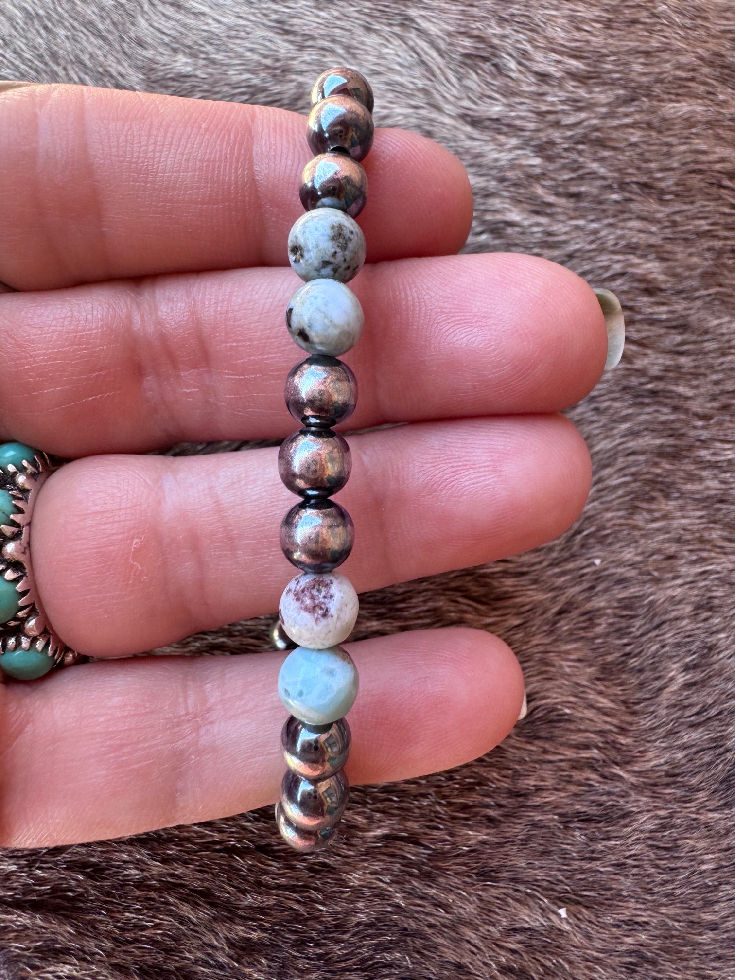 Handmade Larimar & Sterling Silver 6mm Beaded Bracelet 6"