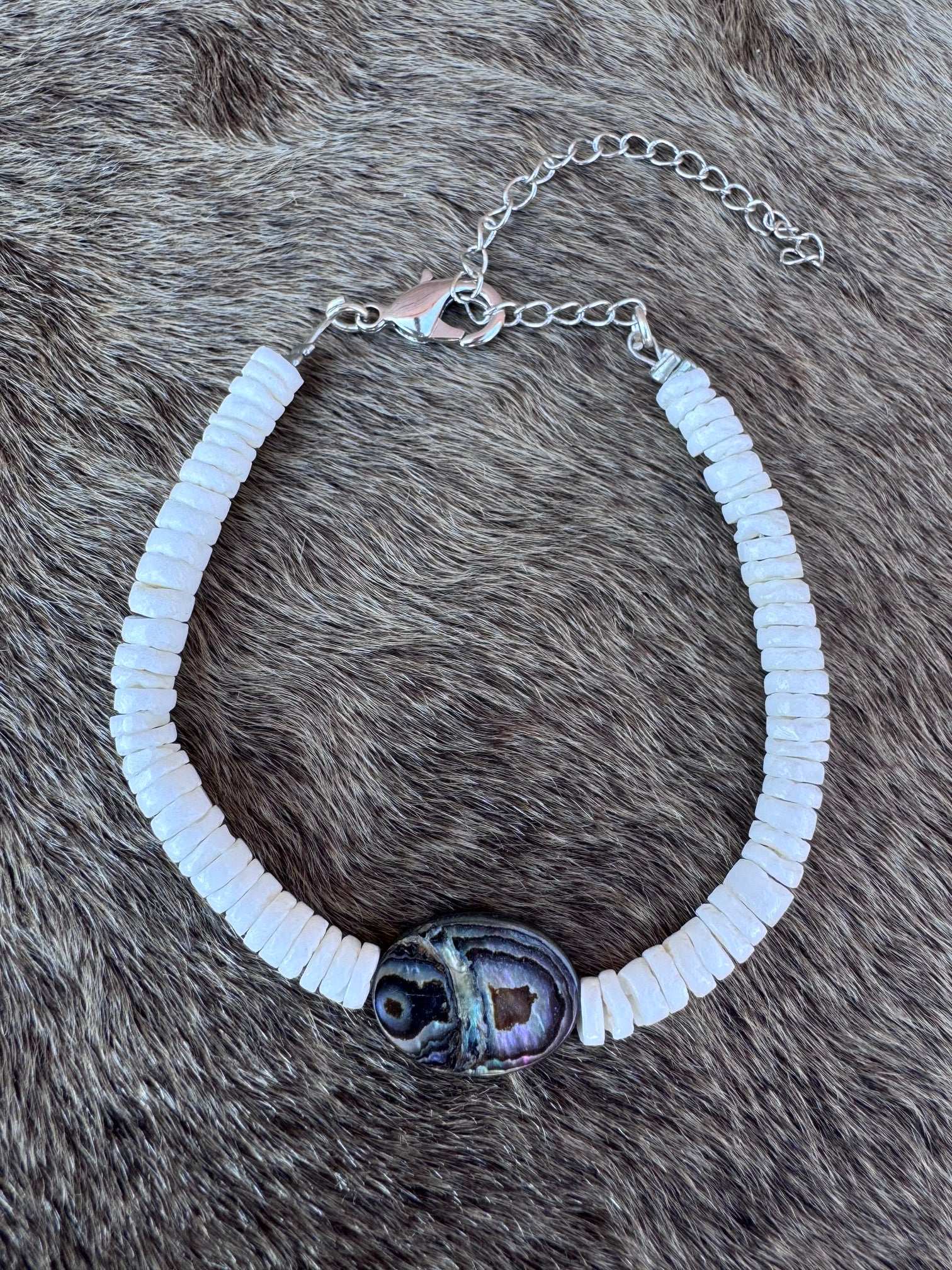 Handmade Abalone Shell & Silver Plated Beaded Bracelet 7"