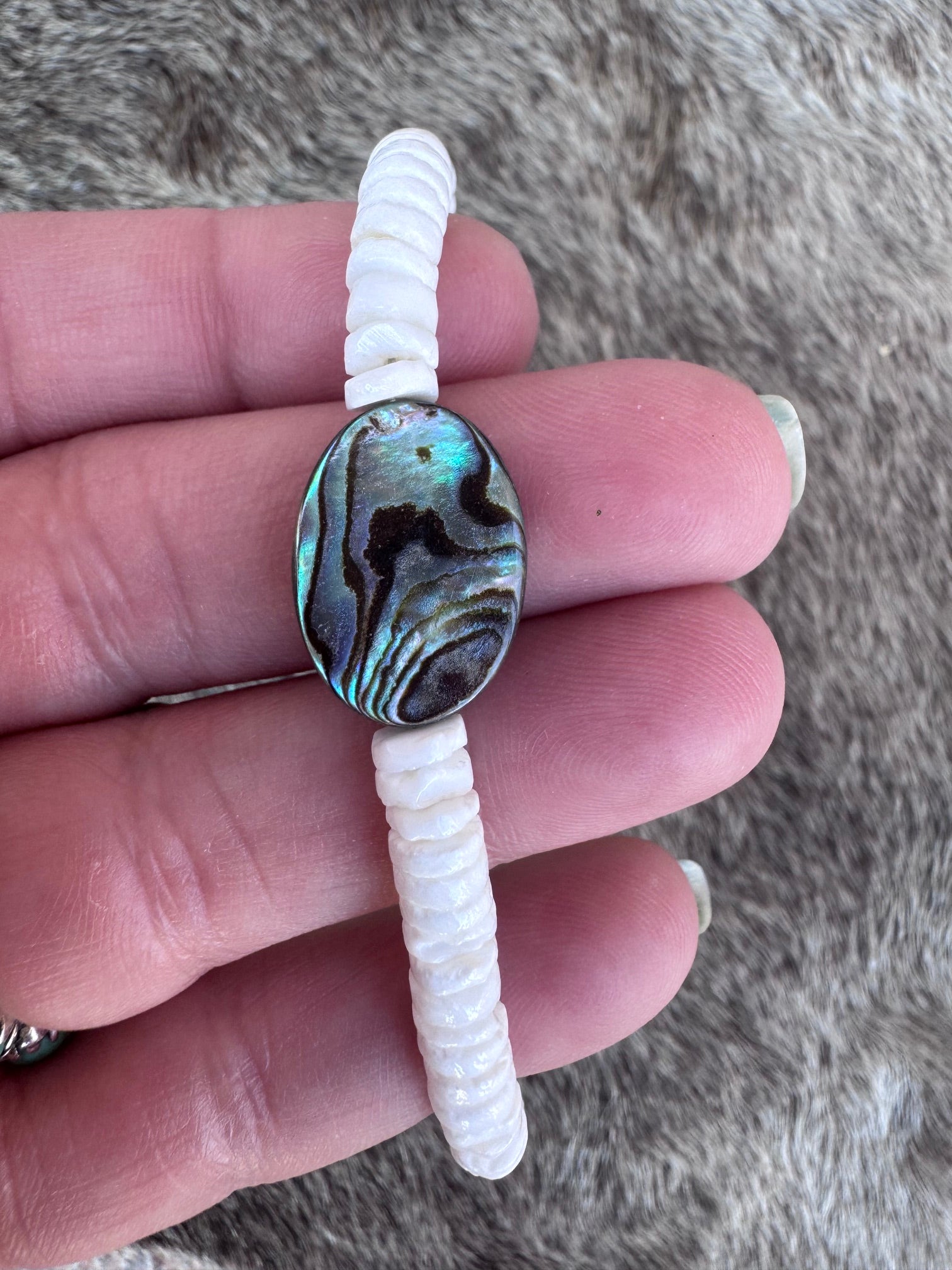 Handmade Abalone Shell & Silver Plated Beaded Bracelet 7"