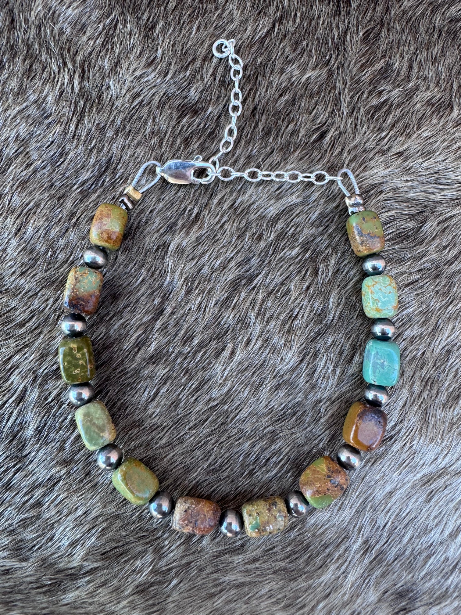 Handmade Polished Turquoise and Sterling Silver 4mm Beaded Bracelet 6"