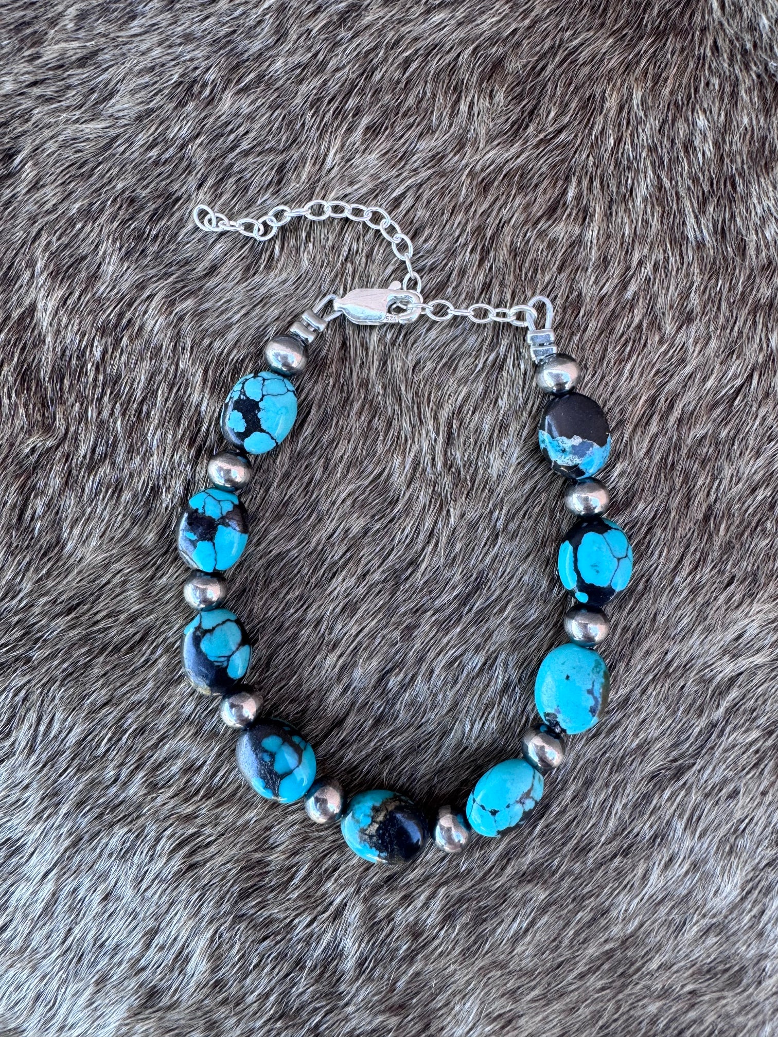 Handmade Turquoise and Sterling Silver 5mm Beaded Bracelet 6"