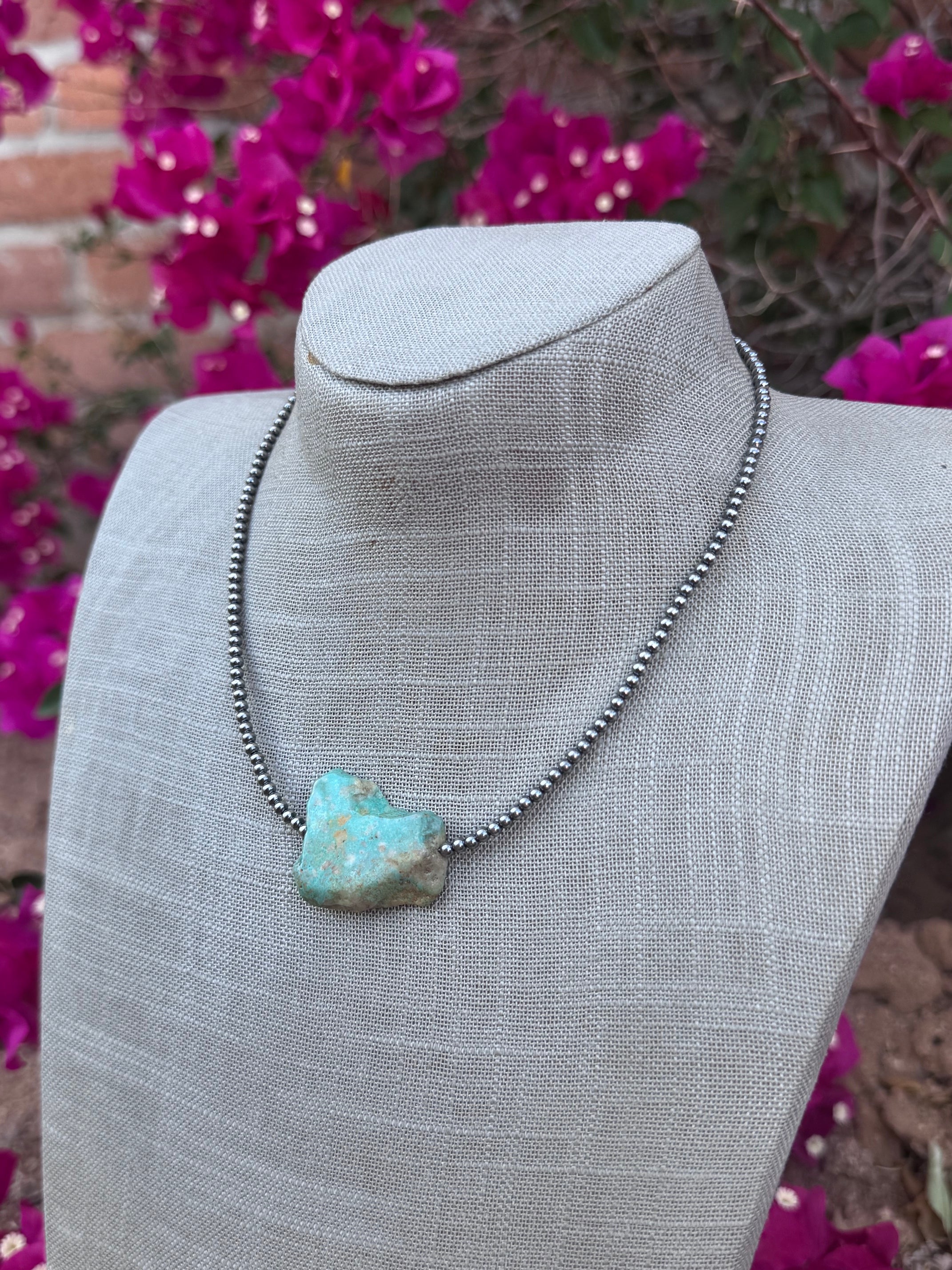 Handmade Sterling Silver & Flat Turquoise 3mm Beaded Necklace 16"