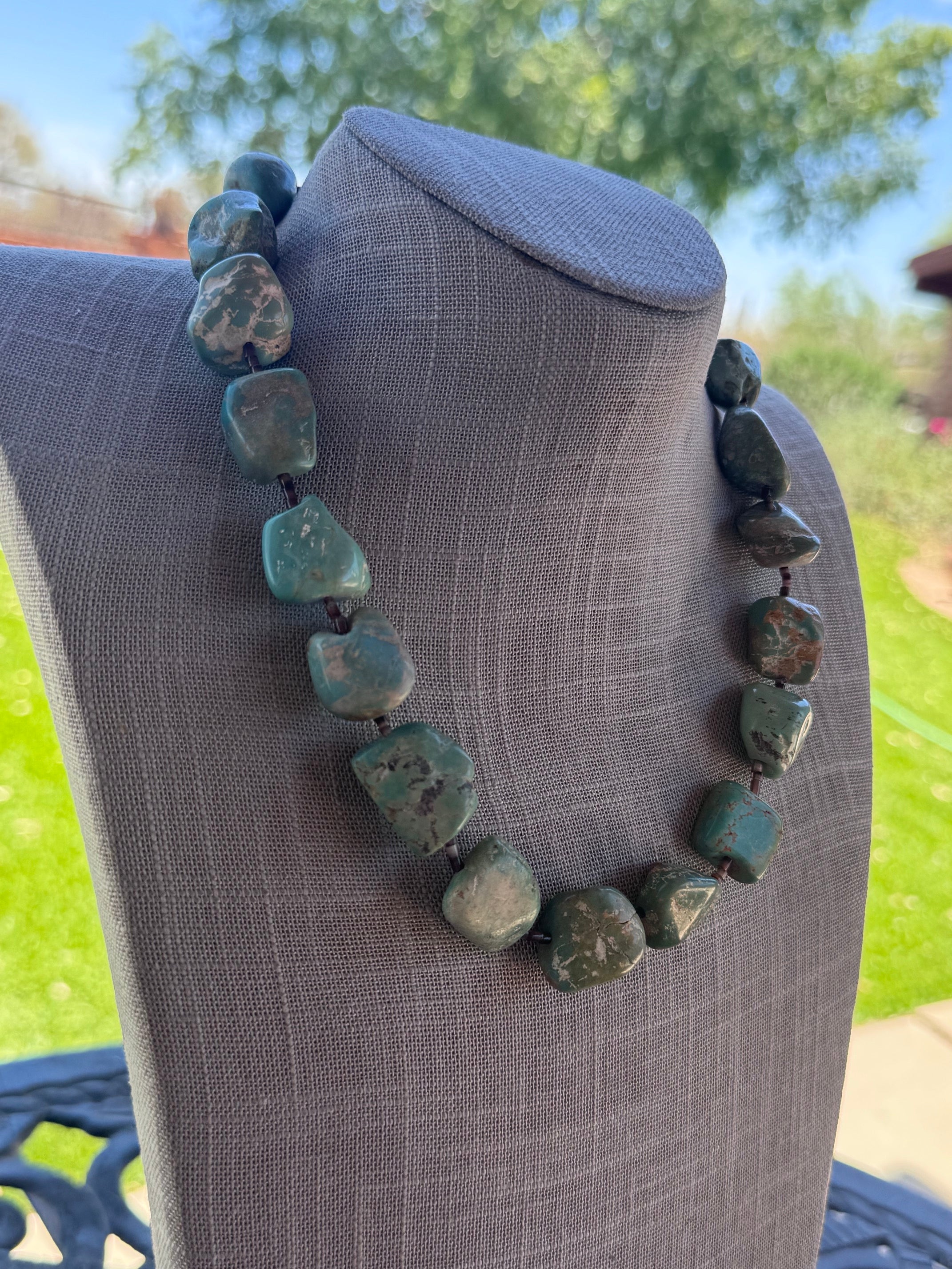 Handmade Green Turquoise Nugget & Brown Shell Beaded Necklace 20"