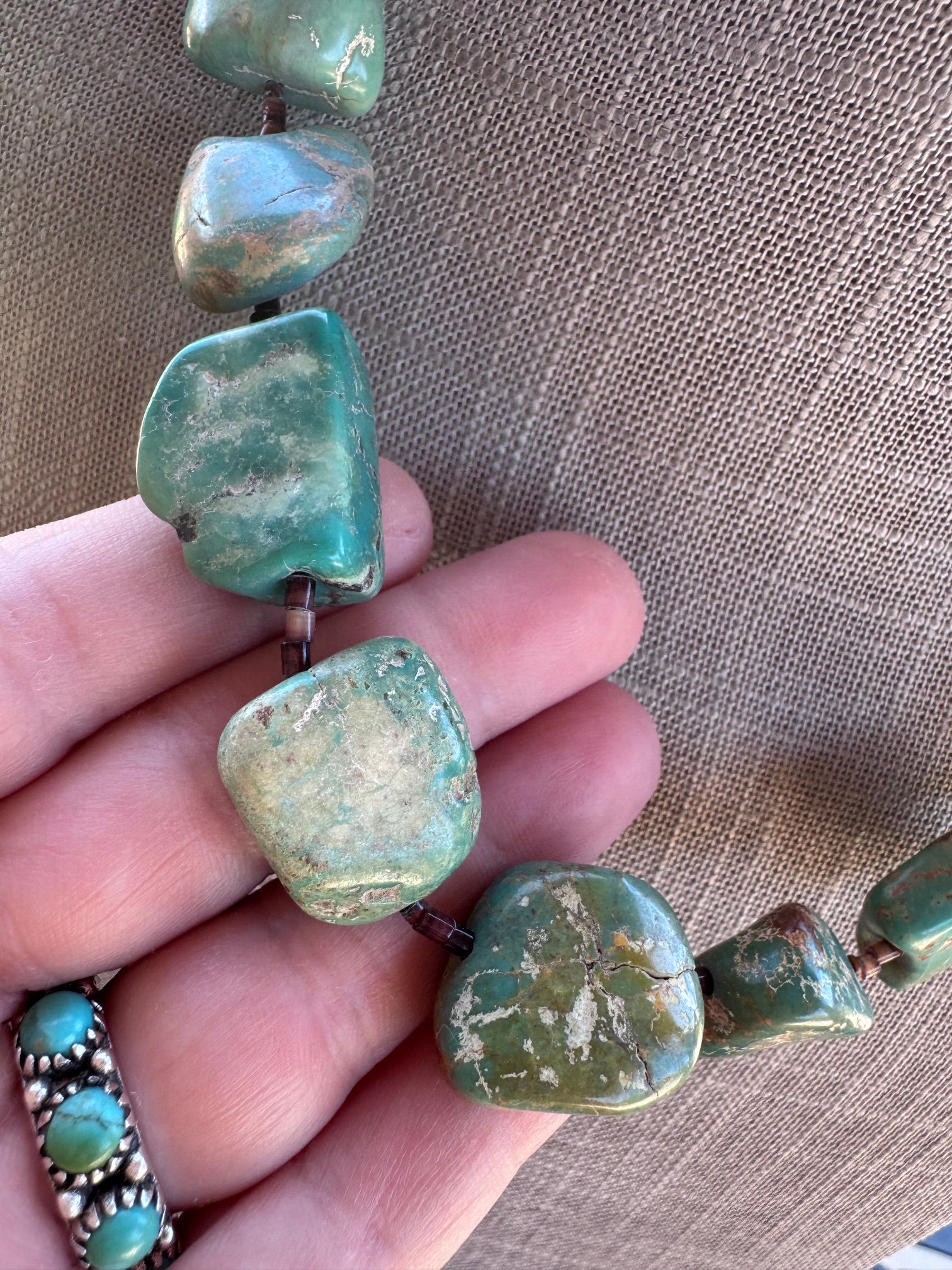 Handmade Green Turquoise Nugget & Brown Shell Beaded Necklace 20"