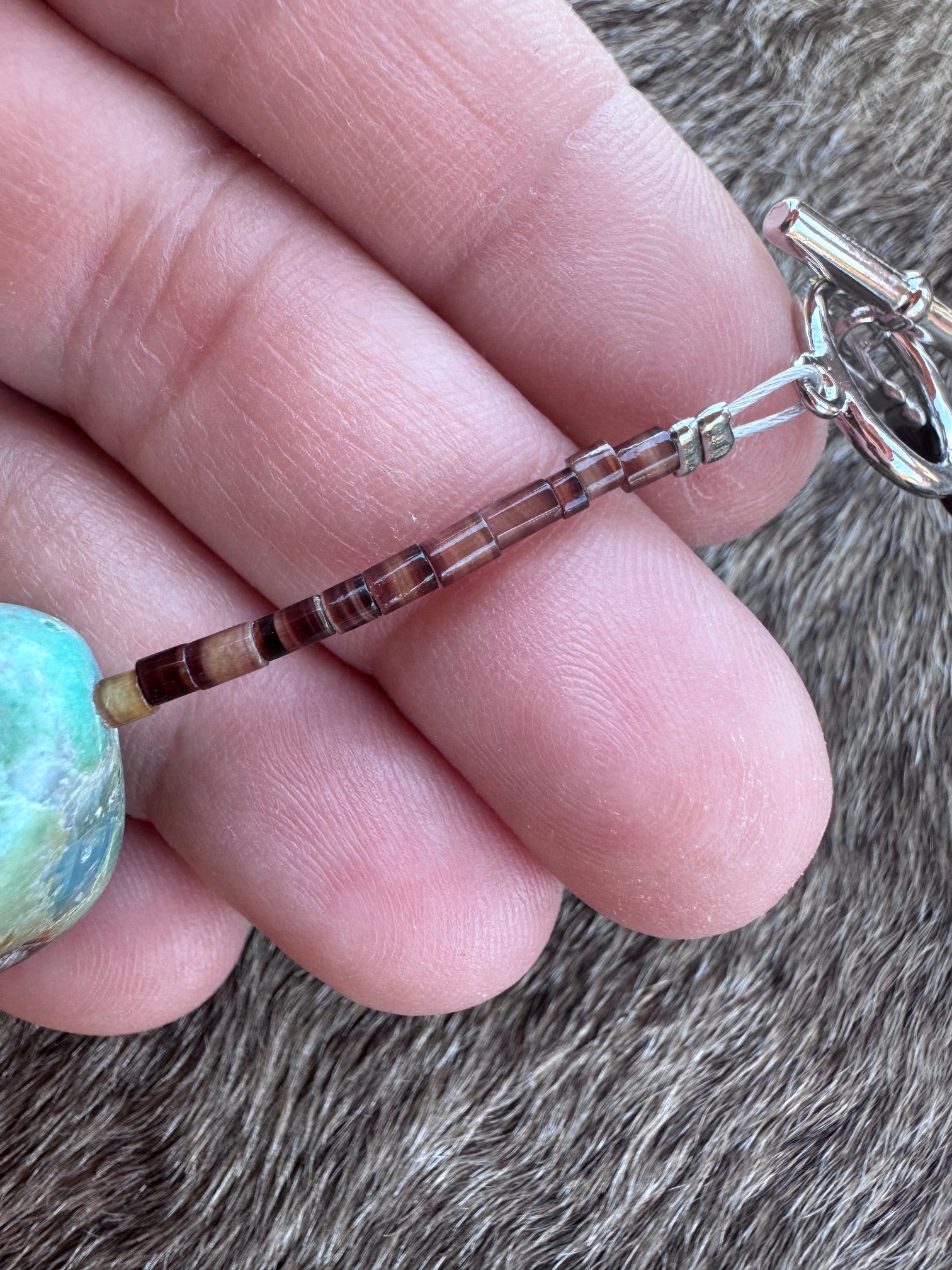 Handmade Green Turquoise Nugget & Brown Shell Beaded Necklace 20"