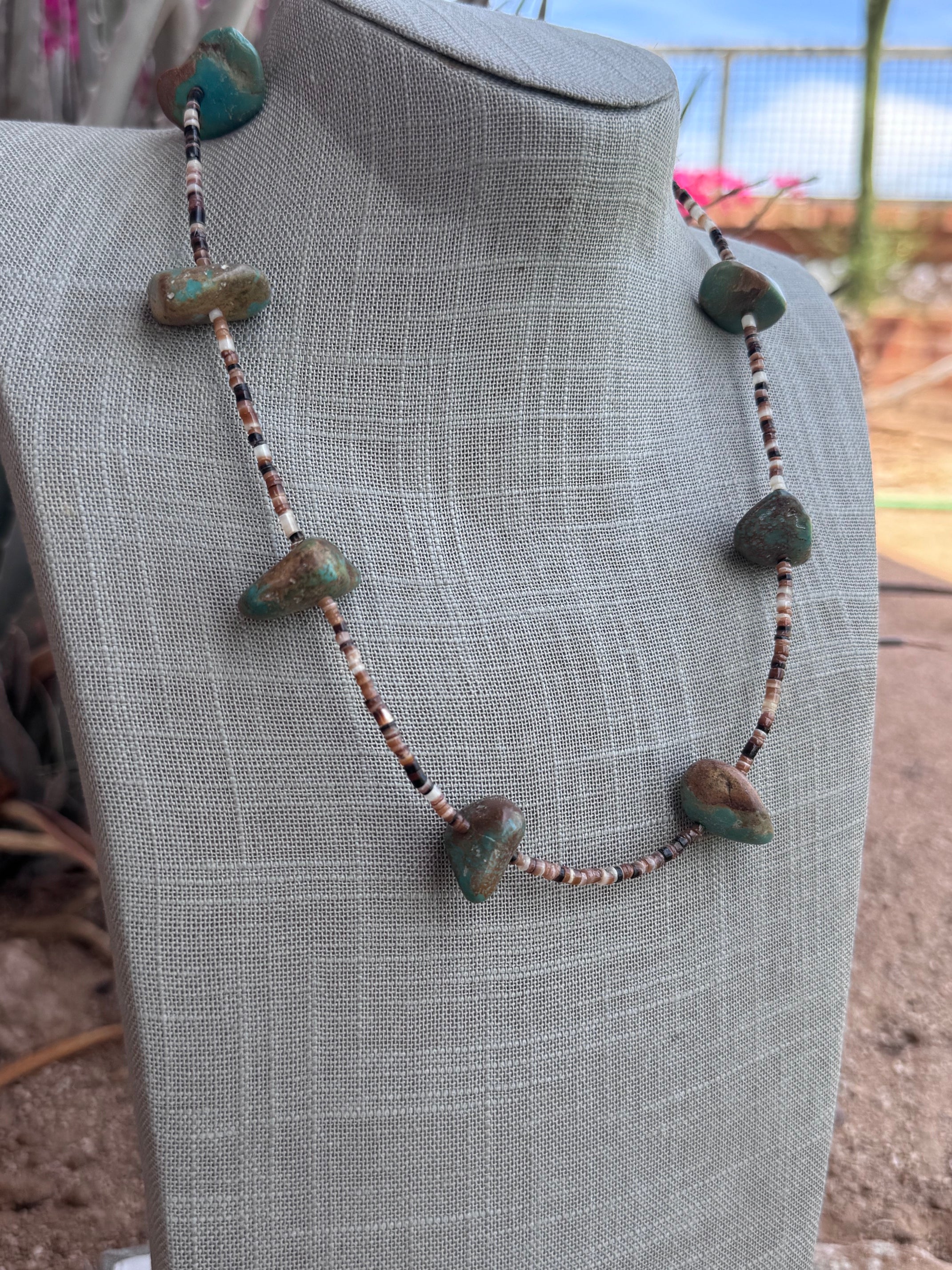 Handmade Nugget Natural Turquoise & Dark Shell Beaded Necklace 22"