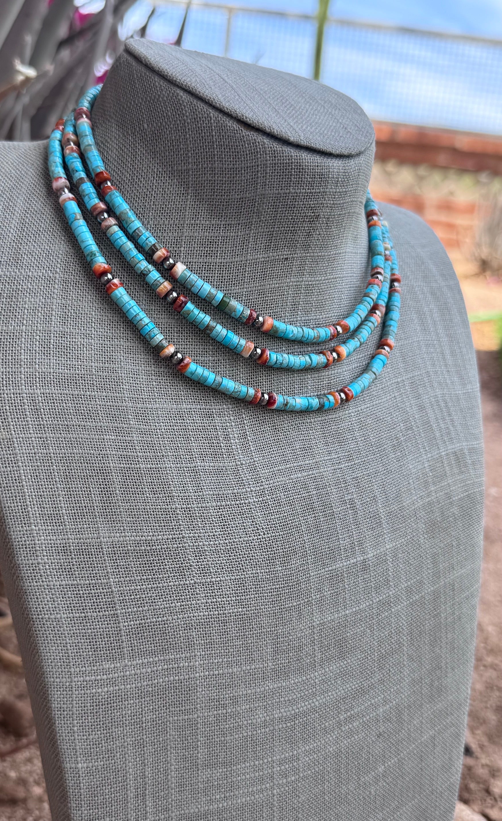 Handmade Variscite Heishi Turquoise, Orange Spiny Oyster Heishi & Sterling Silver Beaded Necklace 14"