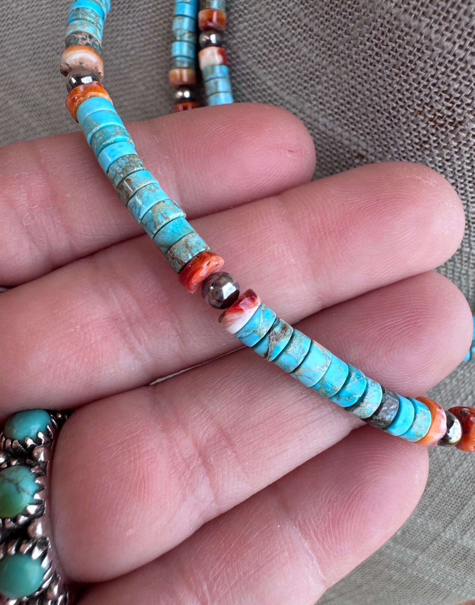 Handmade Variscite Heishi Turquoise, Orange Spiny Oyster Heishi & Sterling Silver Beaded Necklace 14"