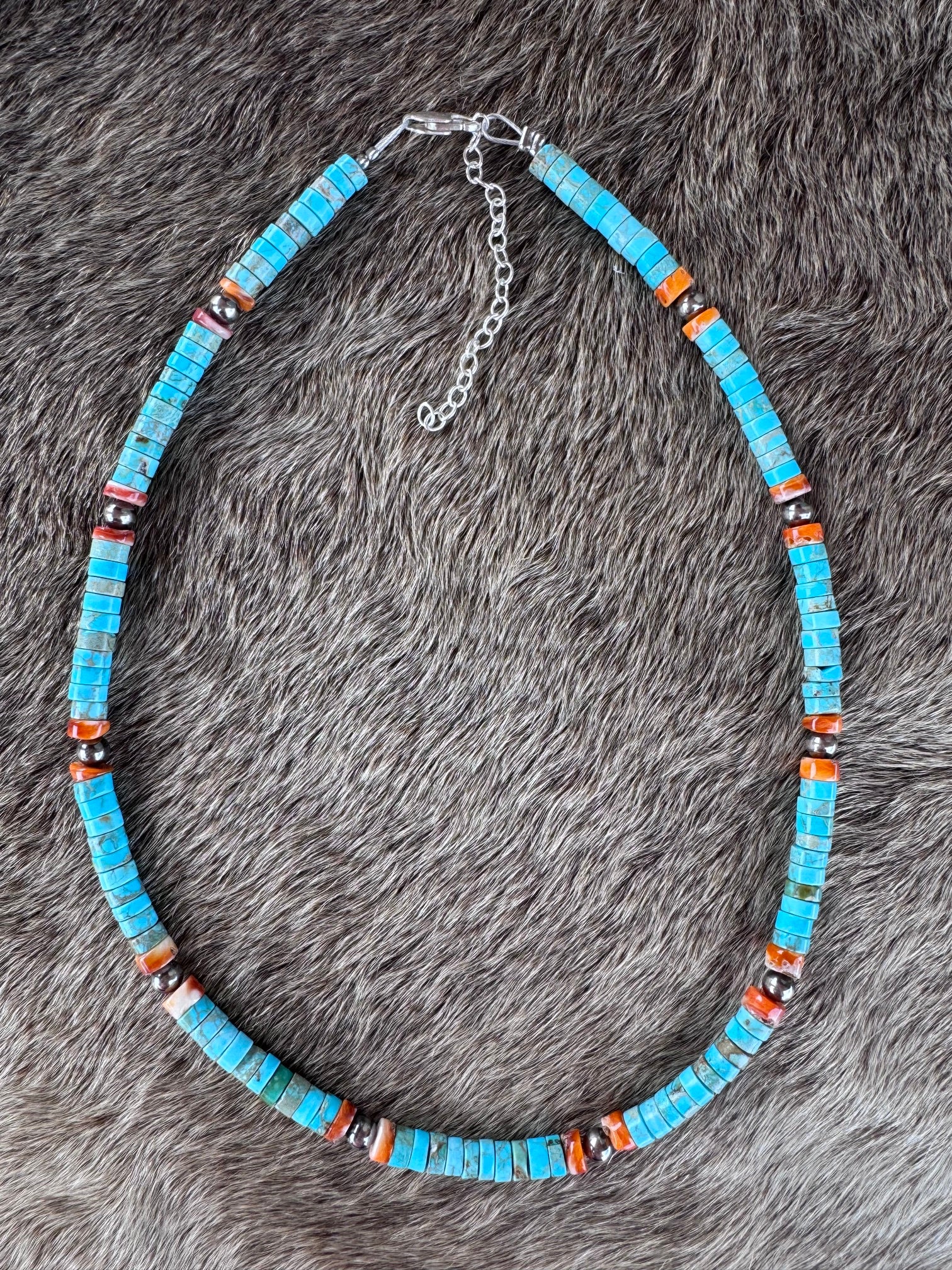 Handmade Variscite Heishi Turquoise, Orange Spiny Oyster Heishi & Sterling Silver Beaded Necklace 14"