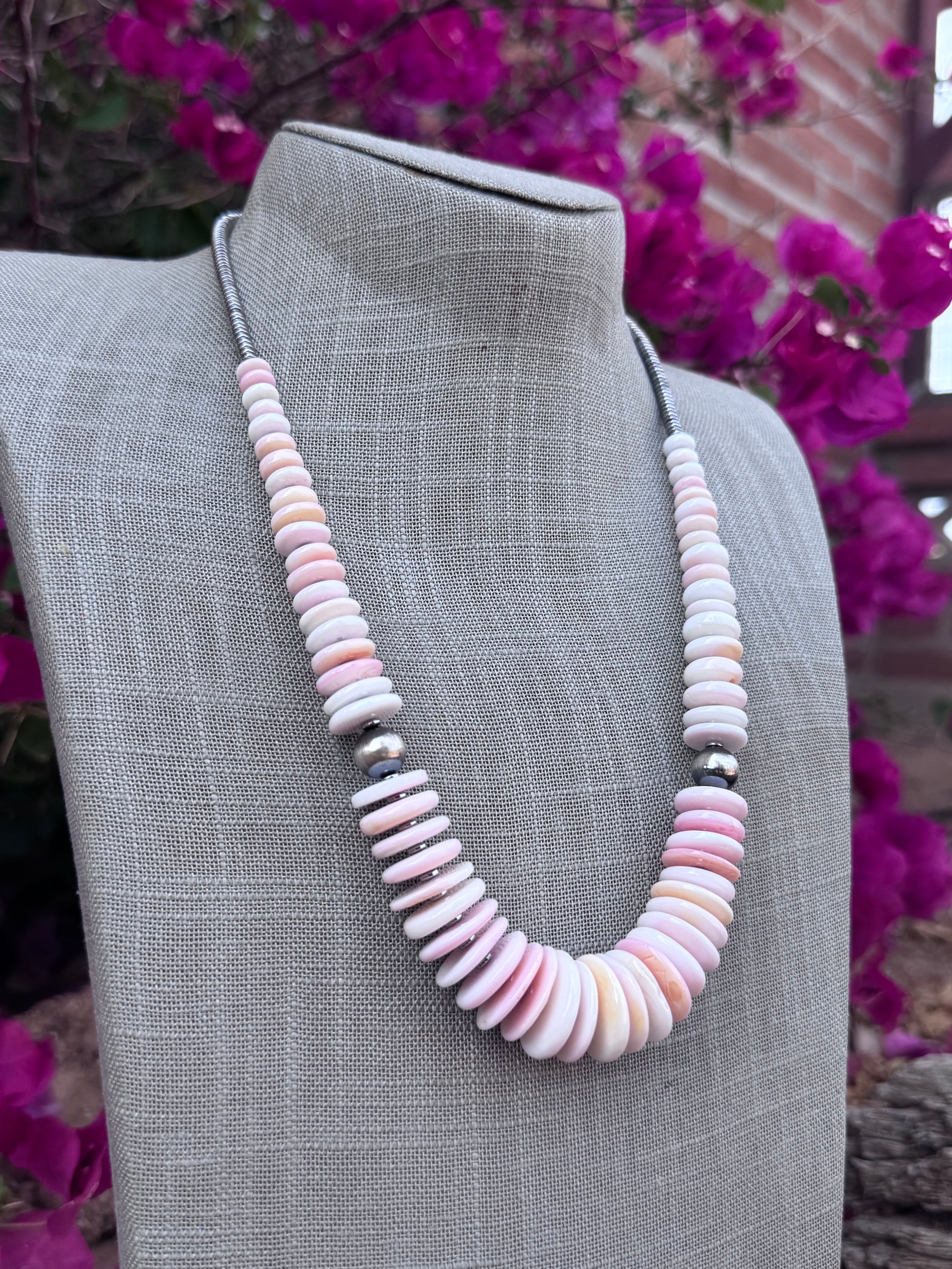 Handmade Graduated Pink Conch & Sterling Silver Beaded Statement Necklace 22"