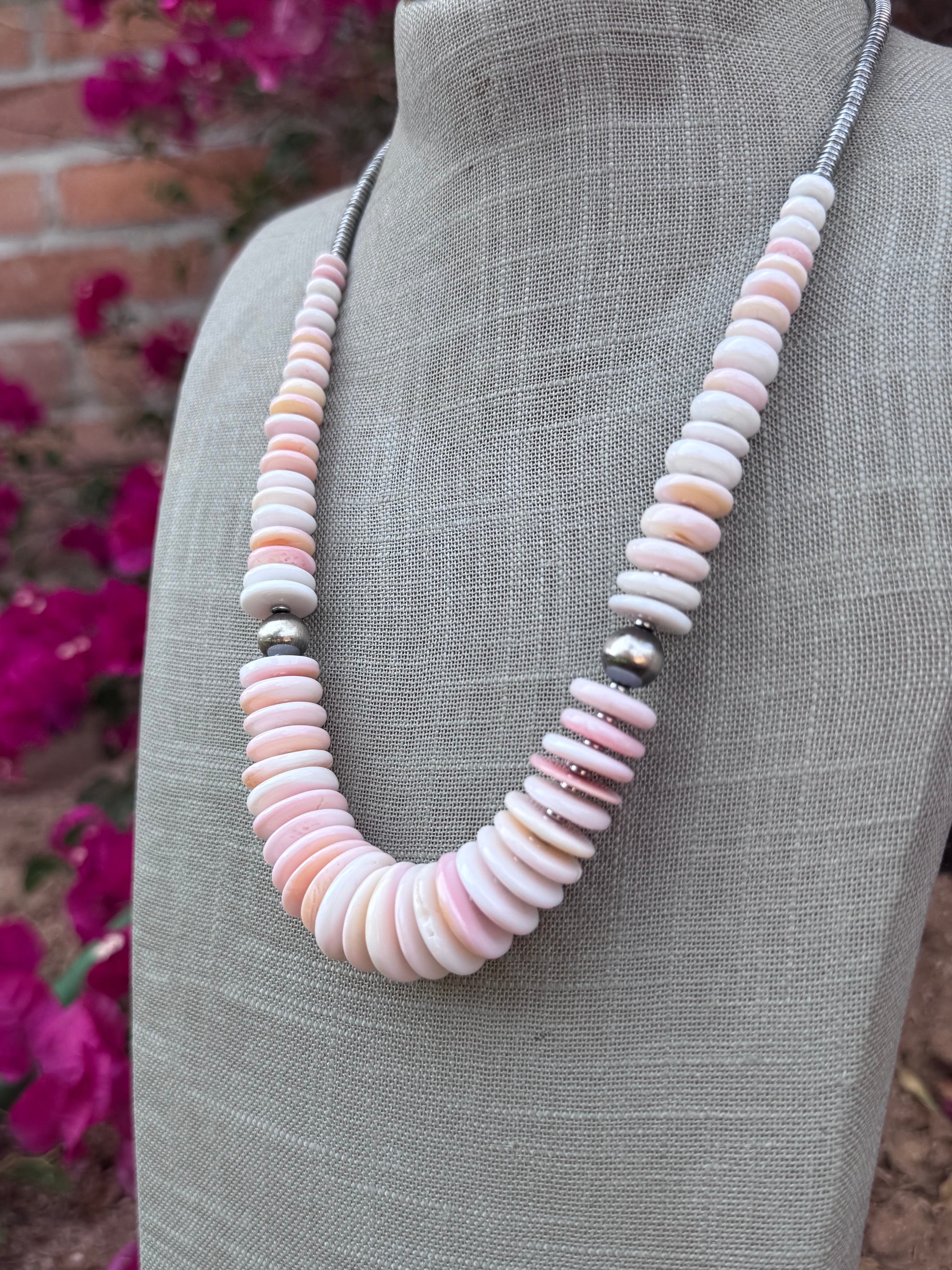 Handmade Graduated Pink Conch & Sterling Silver Beaded Statement Necklace 22"