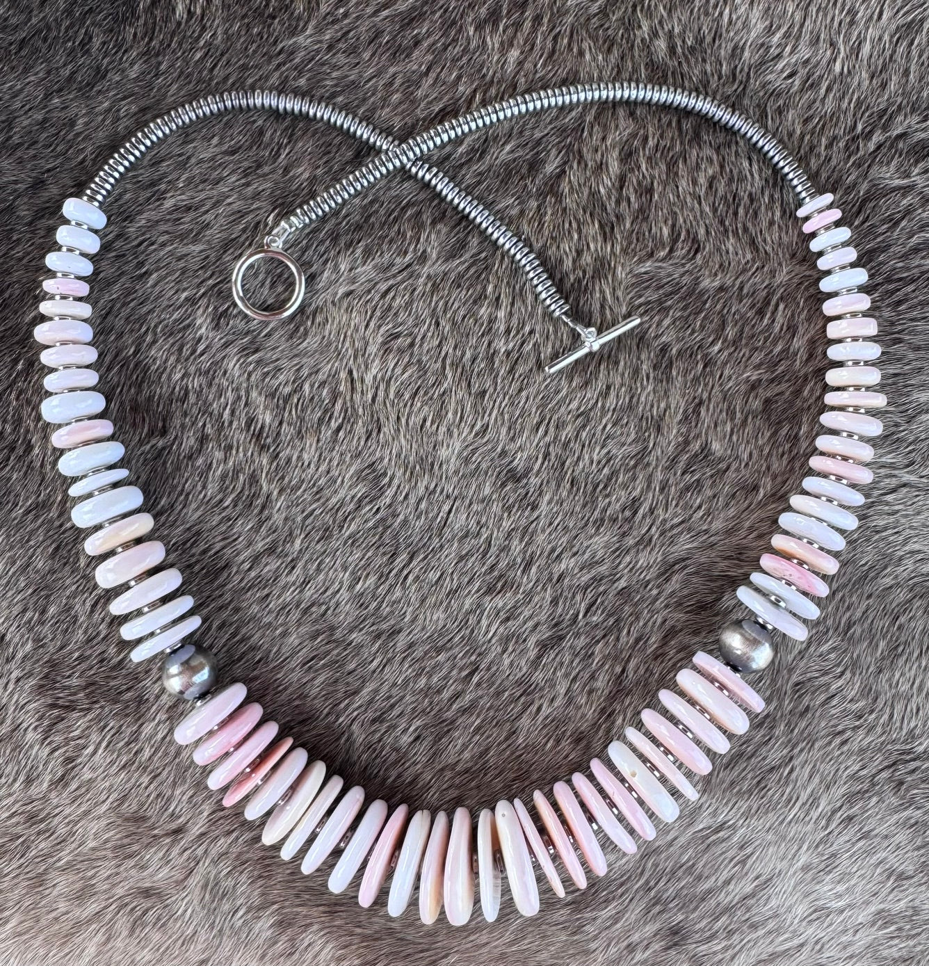 Handmade Graduated Pink Conch & Sterling Silver Beaded Statement Necklace 22"