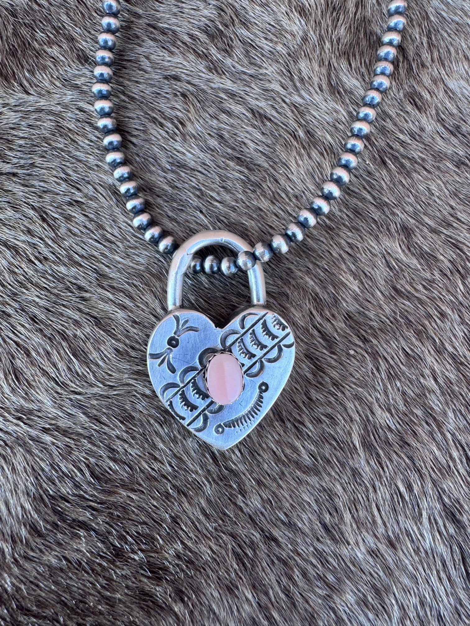 Handcrafted Pink Conch & Sterling Silver Heart Locket Pendant by Patrick Yazzie