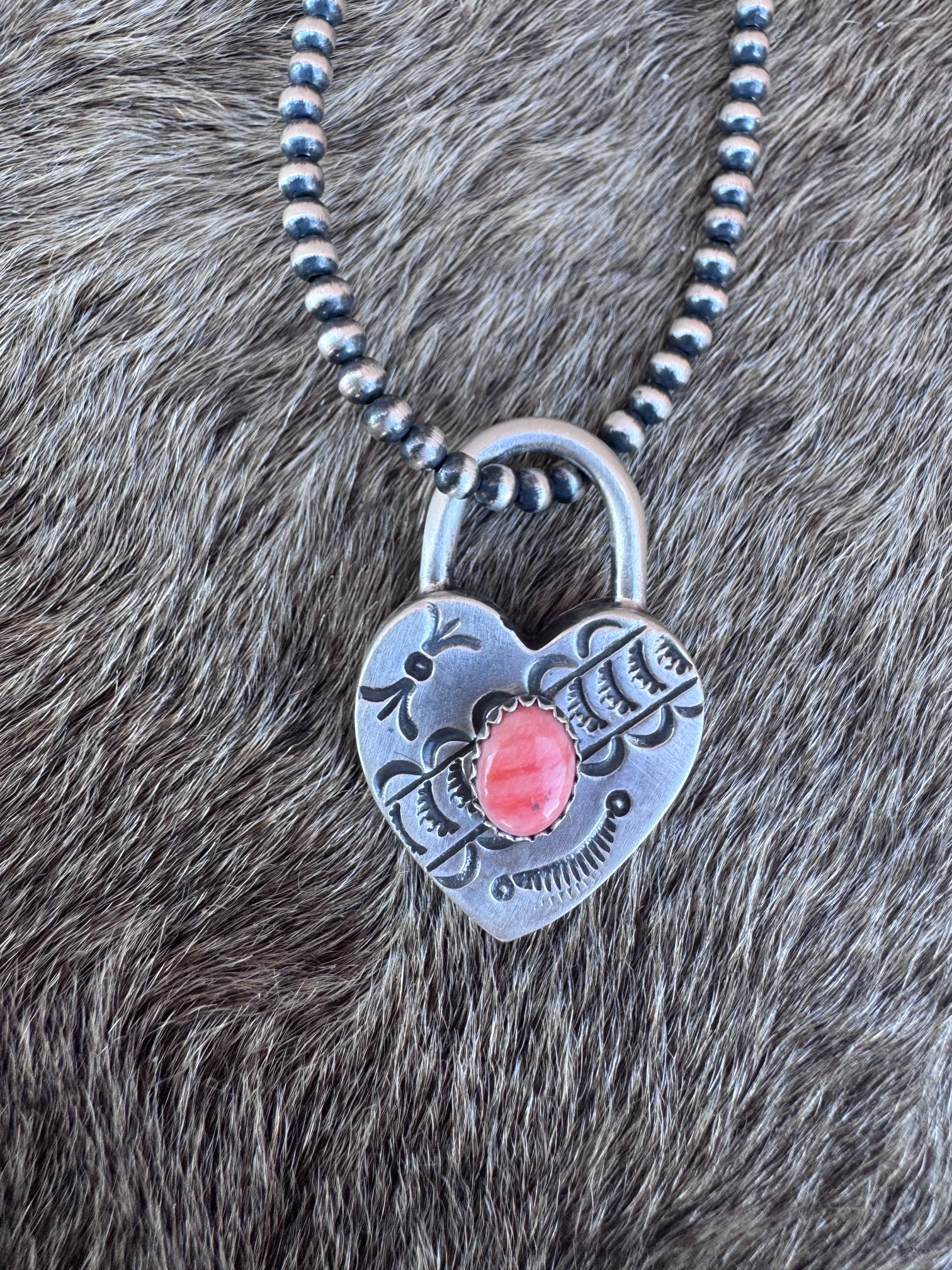 Handcrafted Orange Spiny & Sterling Silver Heart Locket Pendant by Patrick Yazzie