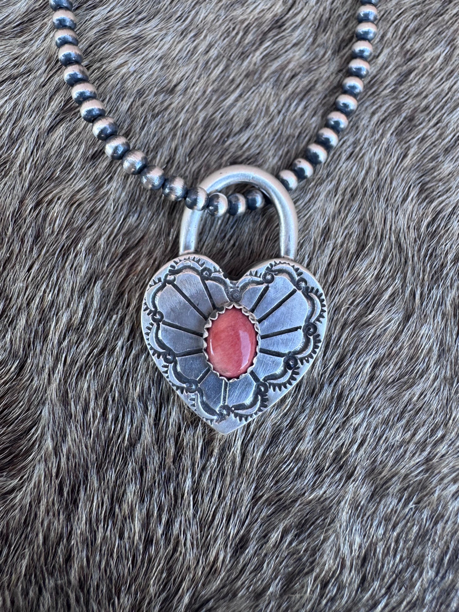 Handcrafted Orange Spiny & Sterling Silver Heart Locket Pendant by Patrick Yazzie