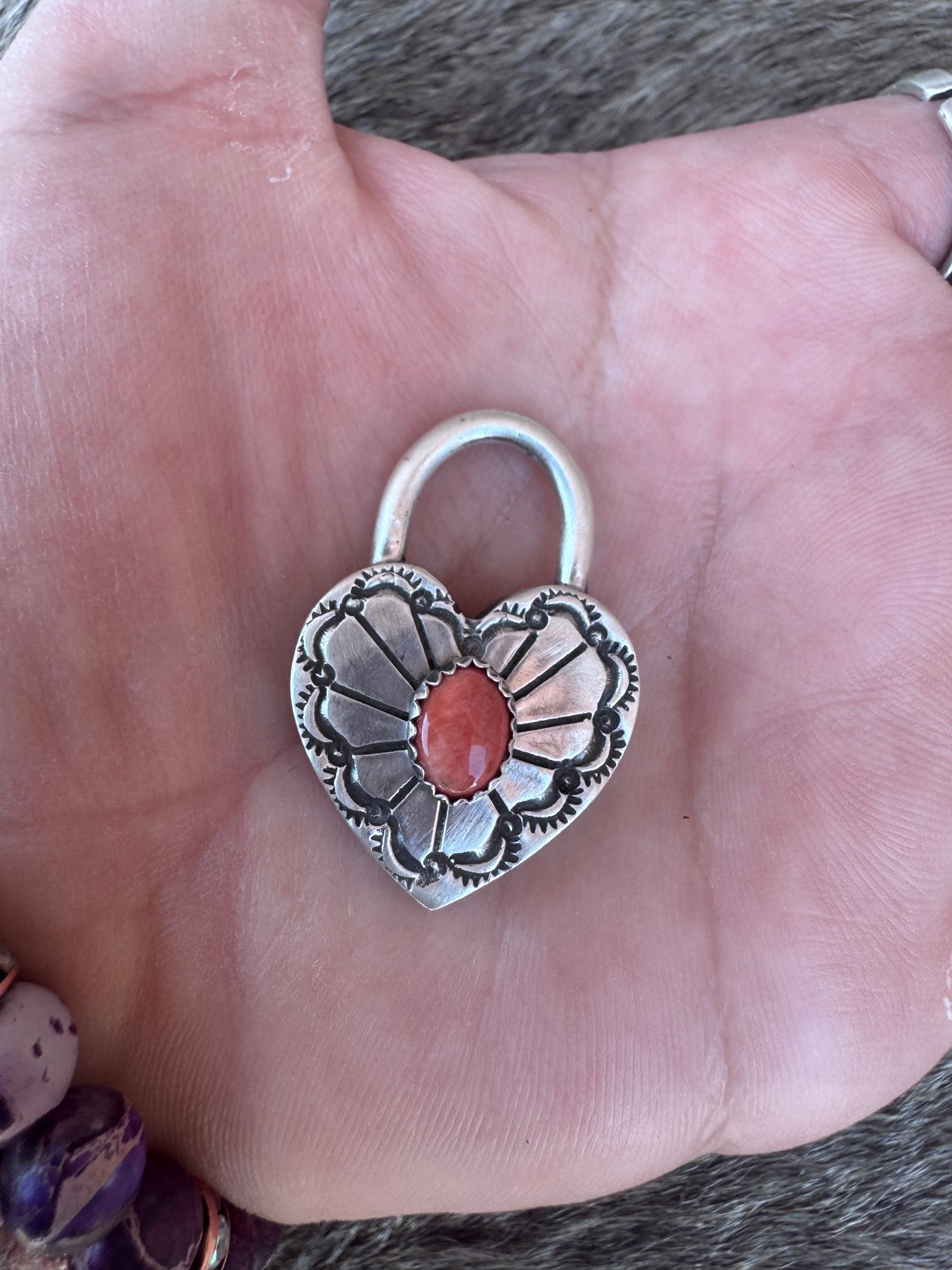 Handcrafted Orange Spiny & Sterling Silver Heart Locket Pendant by Patrick Yazzie