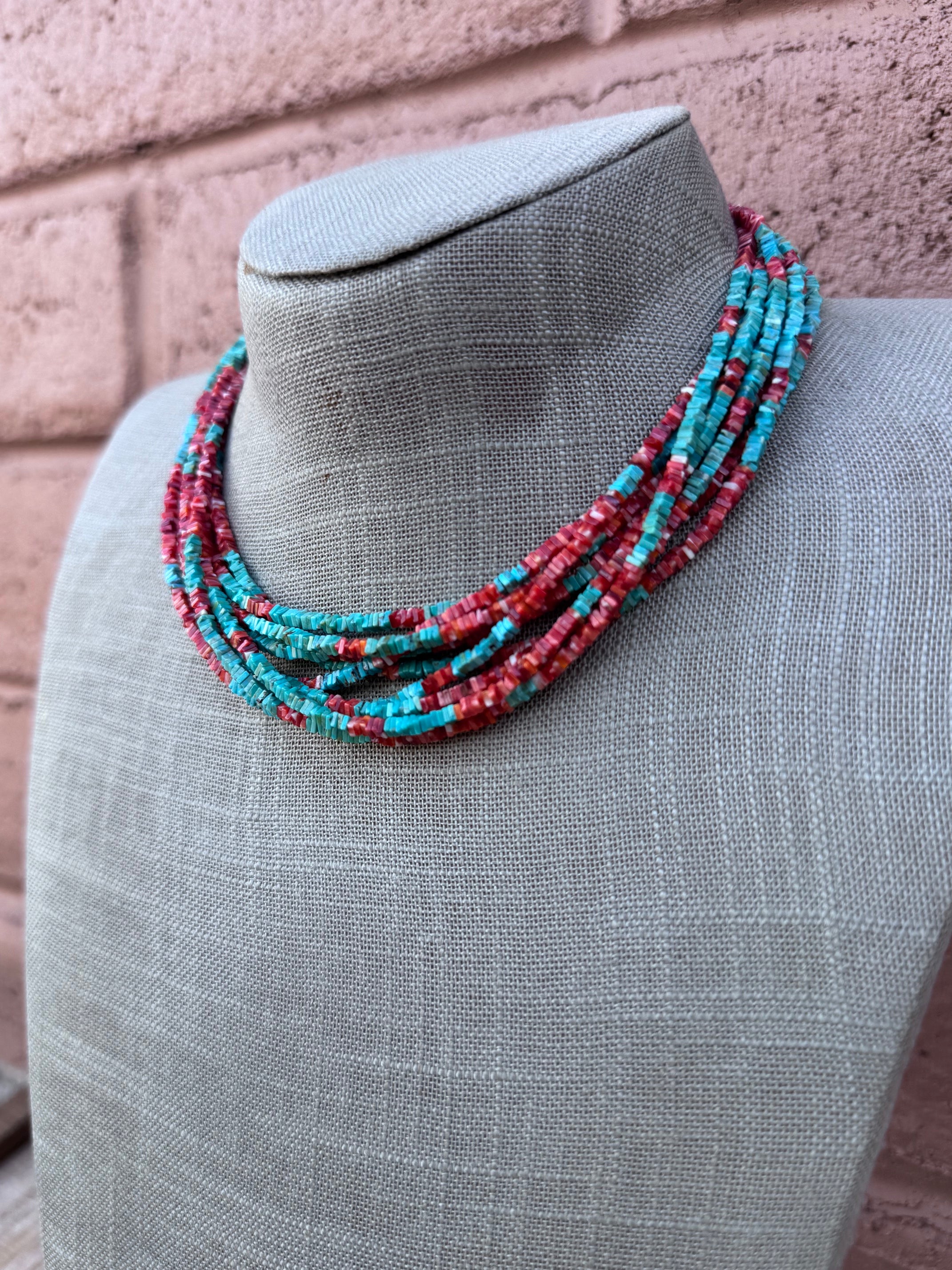 Handcrafted Turquoise & Spiny Oyster 16” Beaded Necklace