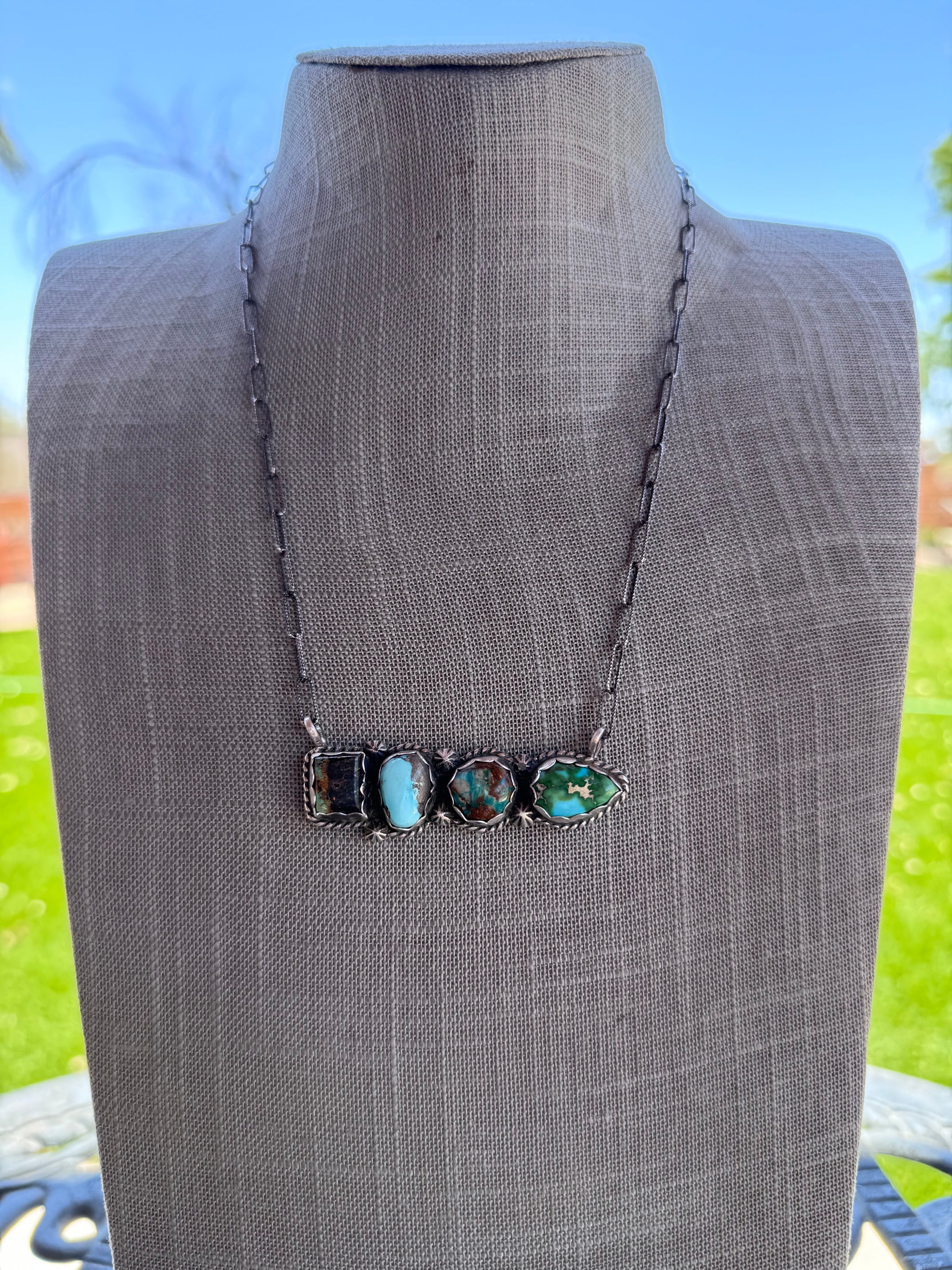 Handmade Black Jack, Sonoran, Sierra Nevada, Fox Turquoise & Sterling Silver Chain Necklace 20" by Roaming Buffalo