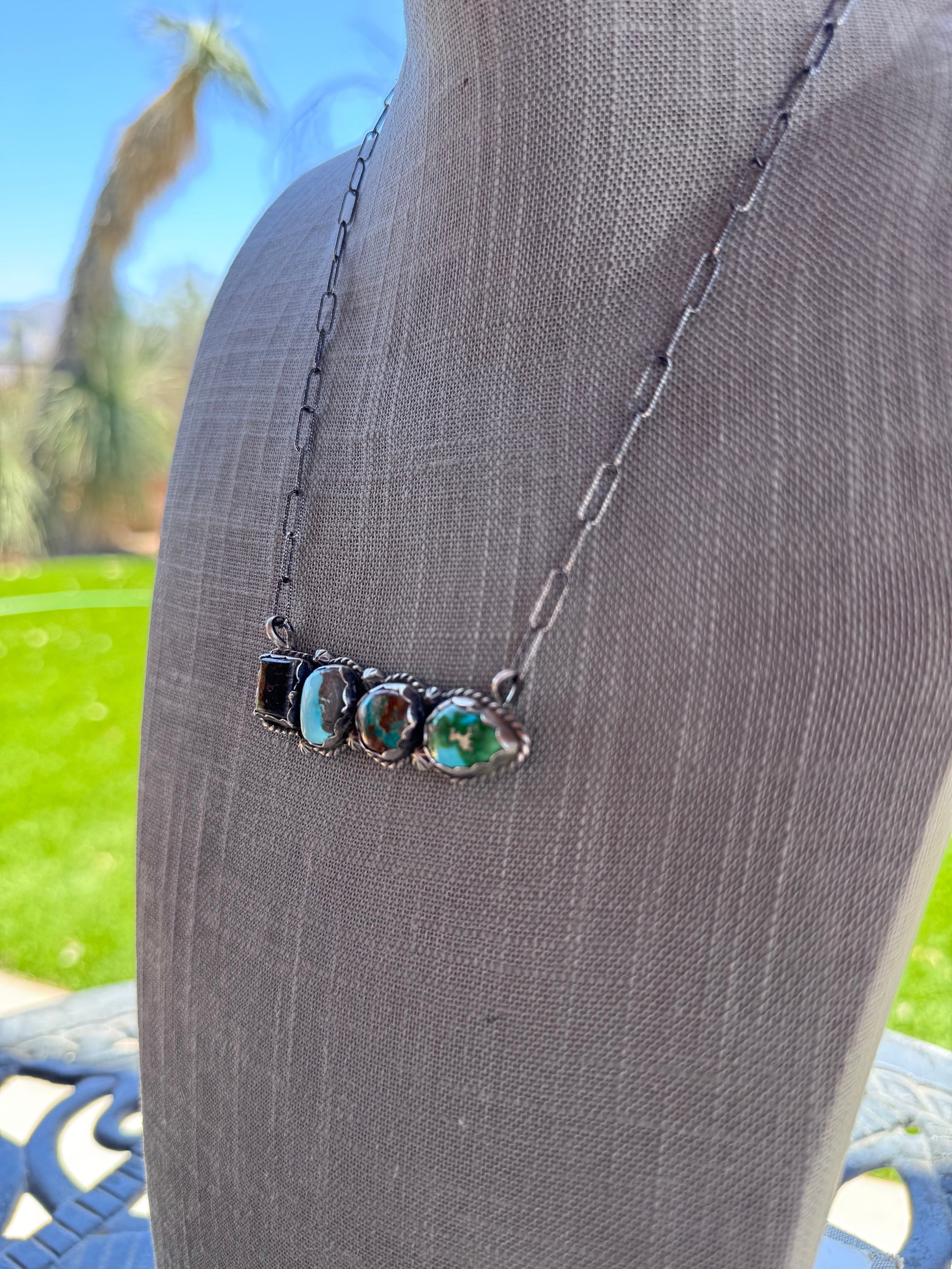 Handmade Black Jack, Sonoran, Sierra Nevada, Fox Turquoise & Sterling Silver Chain Necklace 20" by Roaming Buffalo