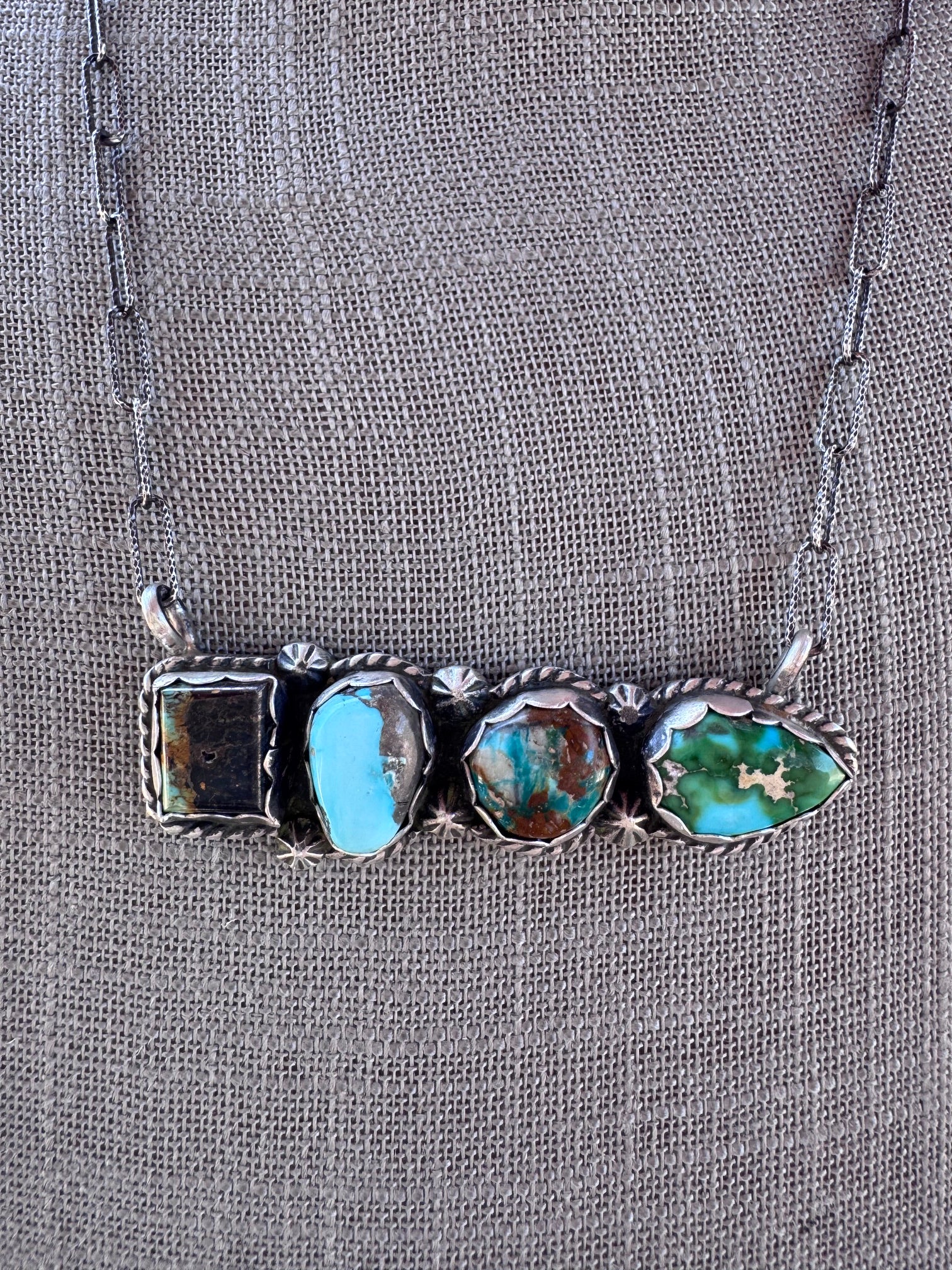 Handmade Black Jack, Sonoran, Sierra Nevada, Fox Turquoise & Sterling Silver Chain Necklace 20" by Roaming Buffalo