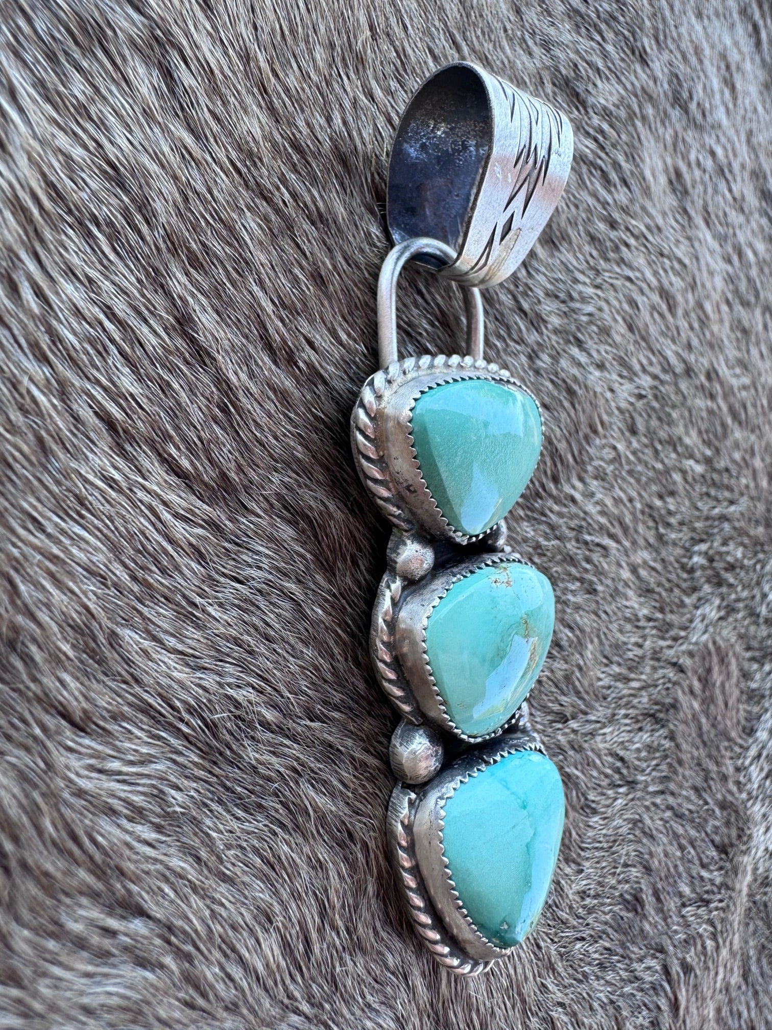 Handmade Sterling Silver & Carico Lake Turquoise 3 Stone Pendant by Roaming Buffalo