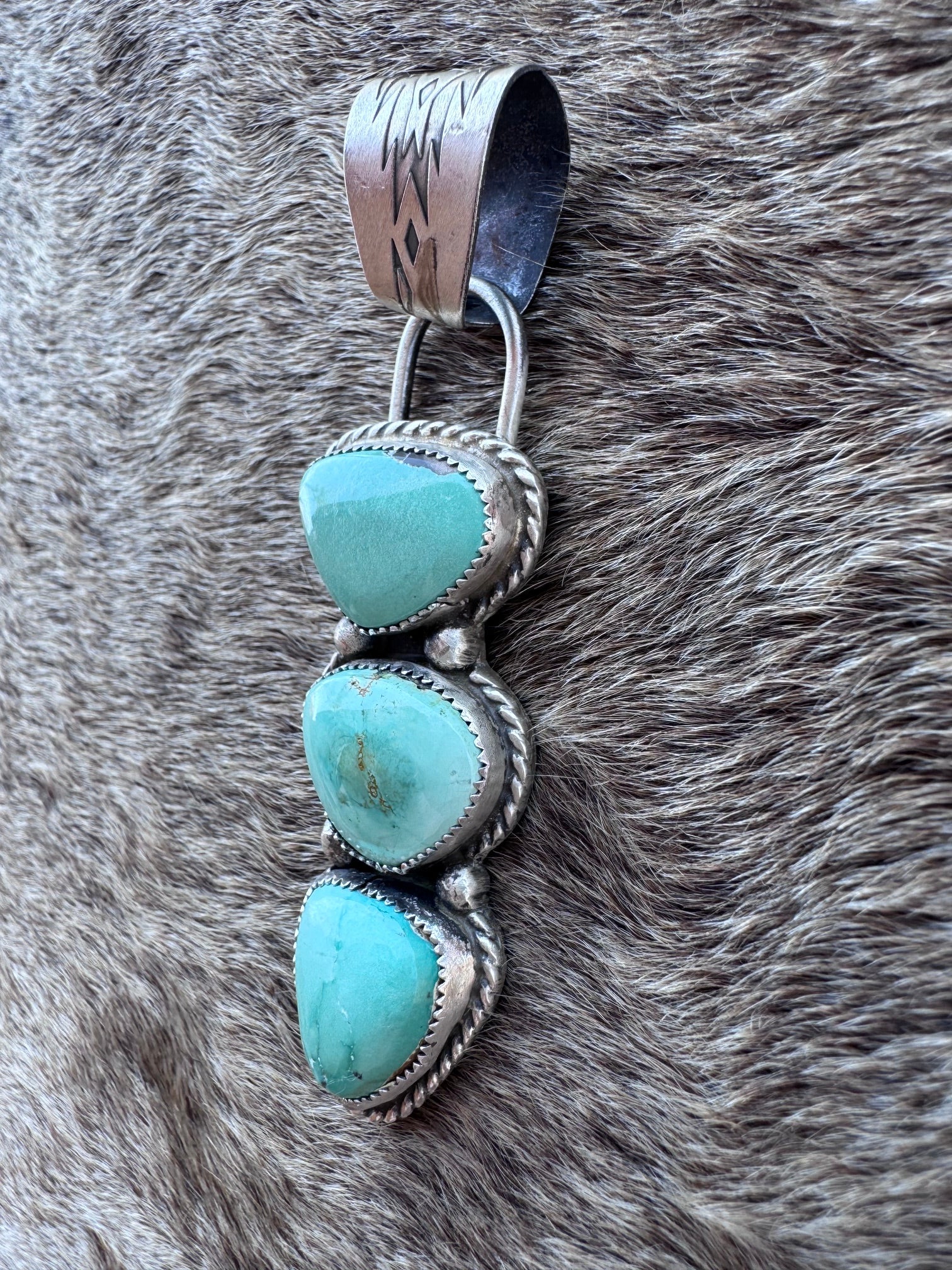 Handmade Sterling Silver & Carico Lake Turquoise 3 Stone Pendant by Roaming Buffalo