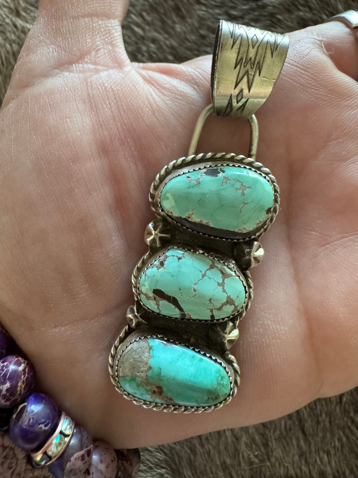 Handmade Sterling Silver & Carico Lake Turquoise 3 Stone Pendant by Roaming Buffalo