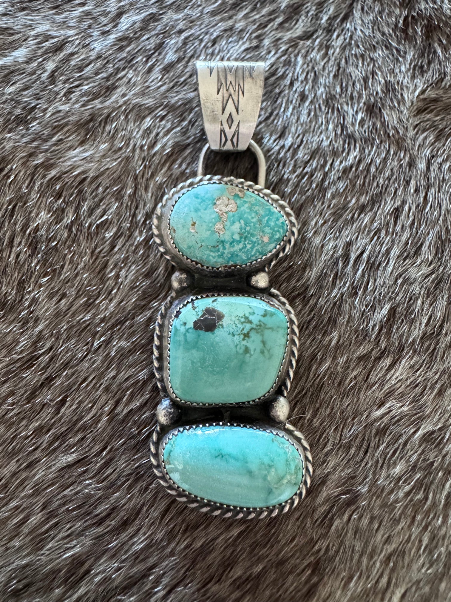 Handmade Sterling Silver & Carico Lake, White Water Turquoise 3 Stone Pendant by Roaming Buffalo