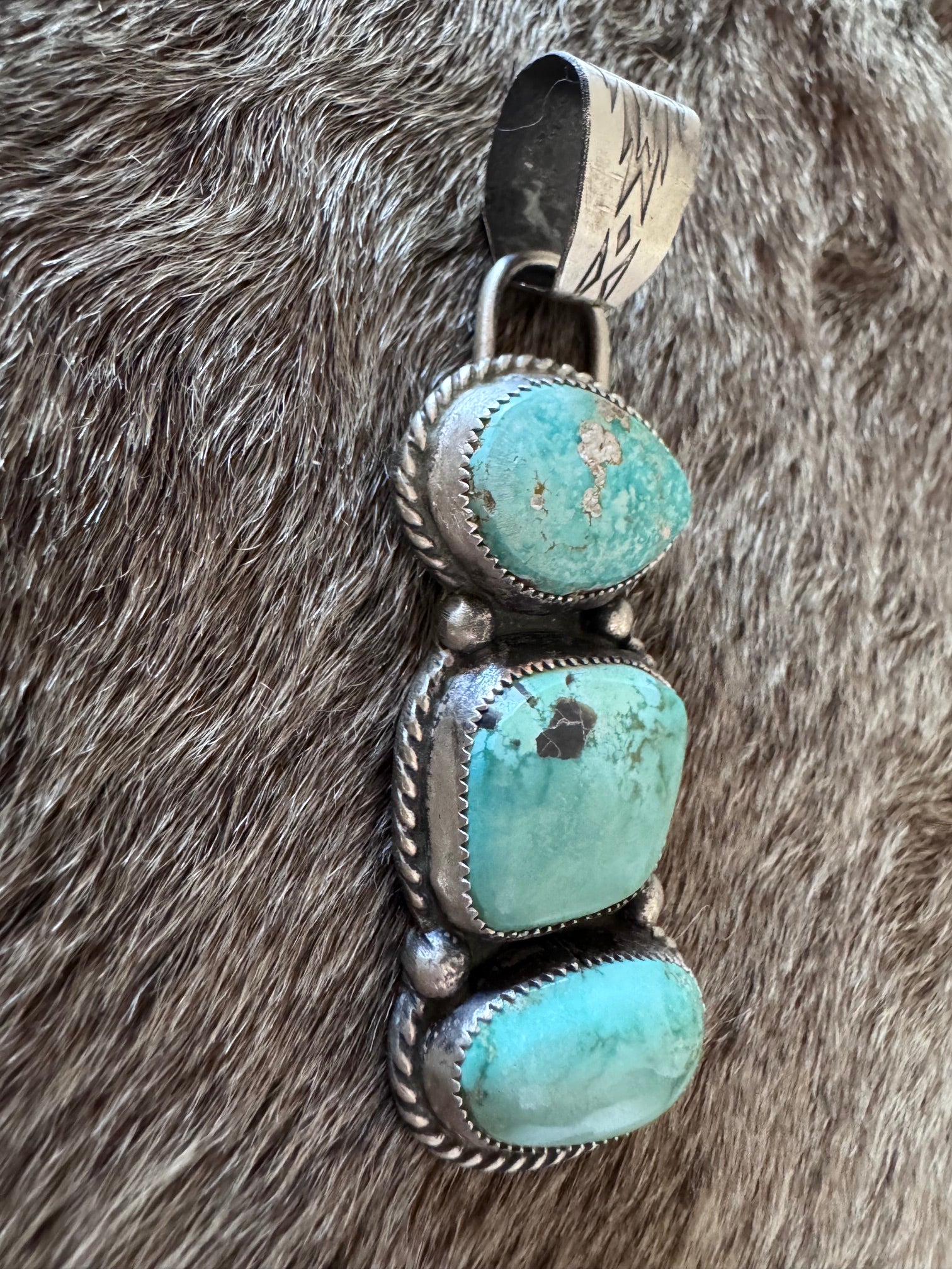 Handmade Sterling Silver & Carico Lake, White Water Turquoise 3 Stone Pendant by Roaming Buffalo