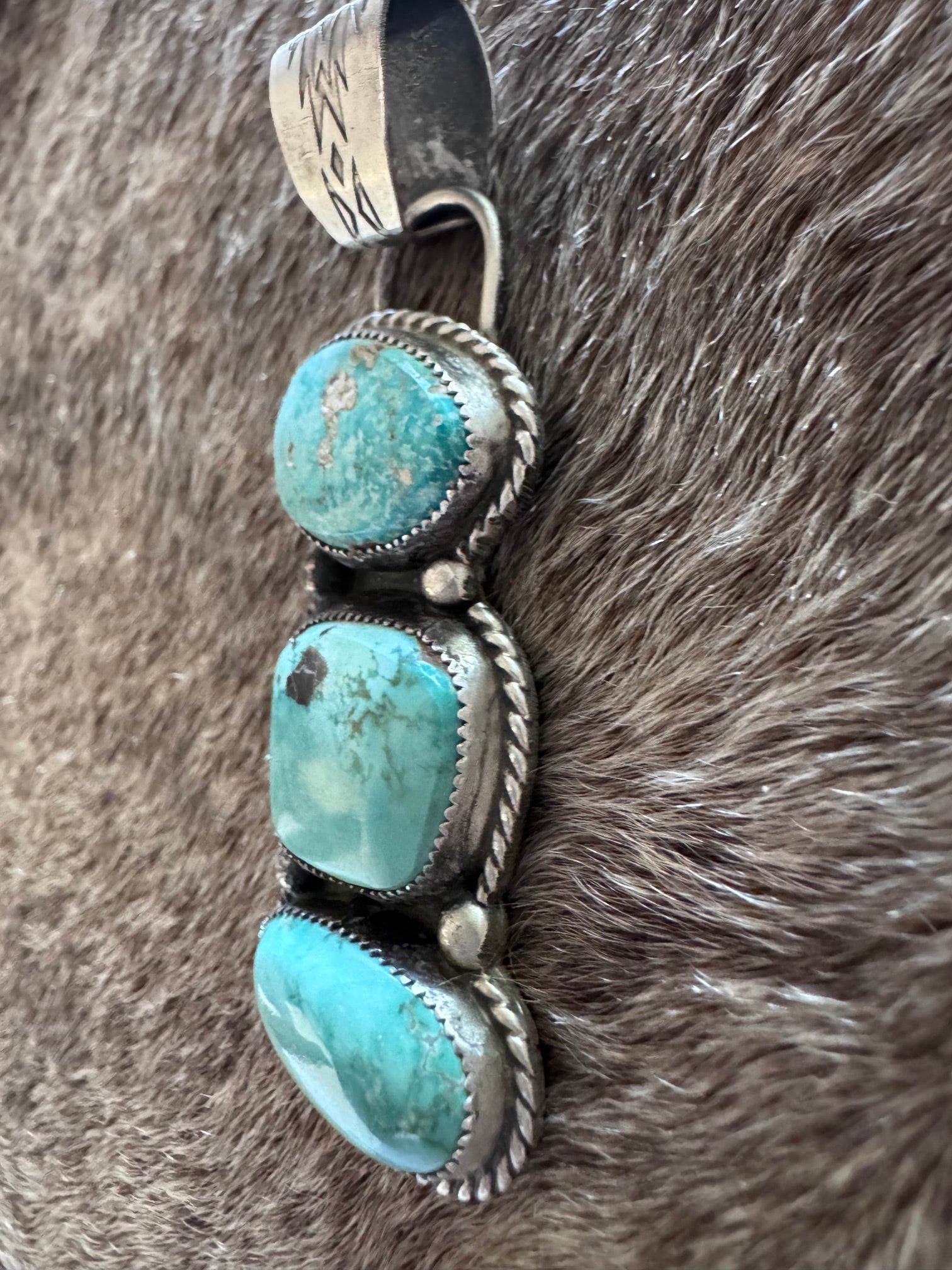 Handmade Sterling Silver & Carico Lake, White Water Turquoise 3 Stone Pendant by Roaming Buffalo