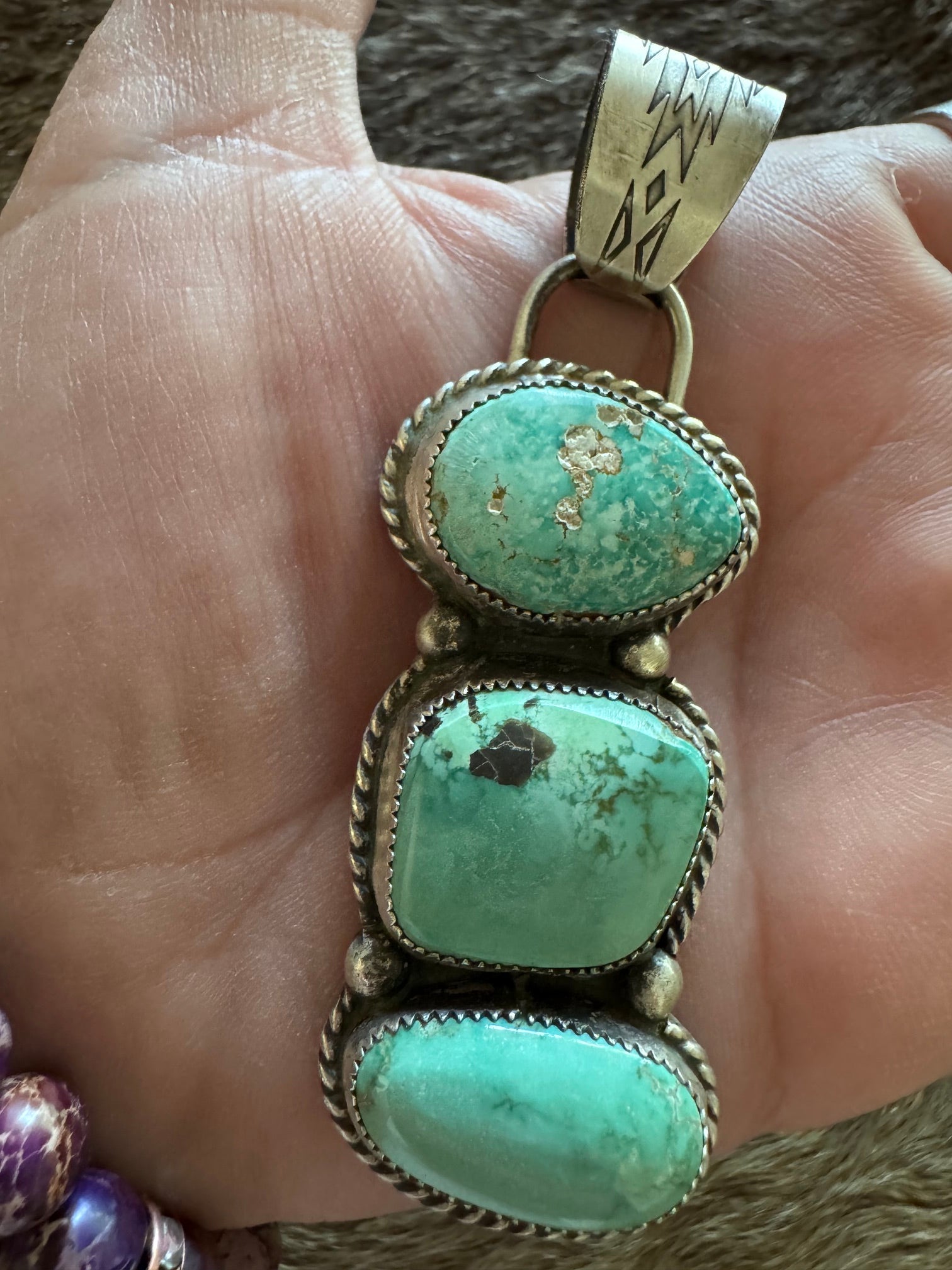Handmade Sterling Silver & Carico Lake, White Water Turquoise 3 Stone Pendant by Roaming Buffalo