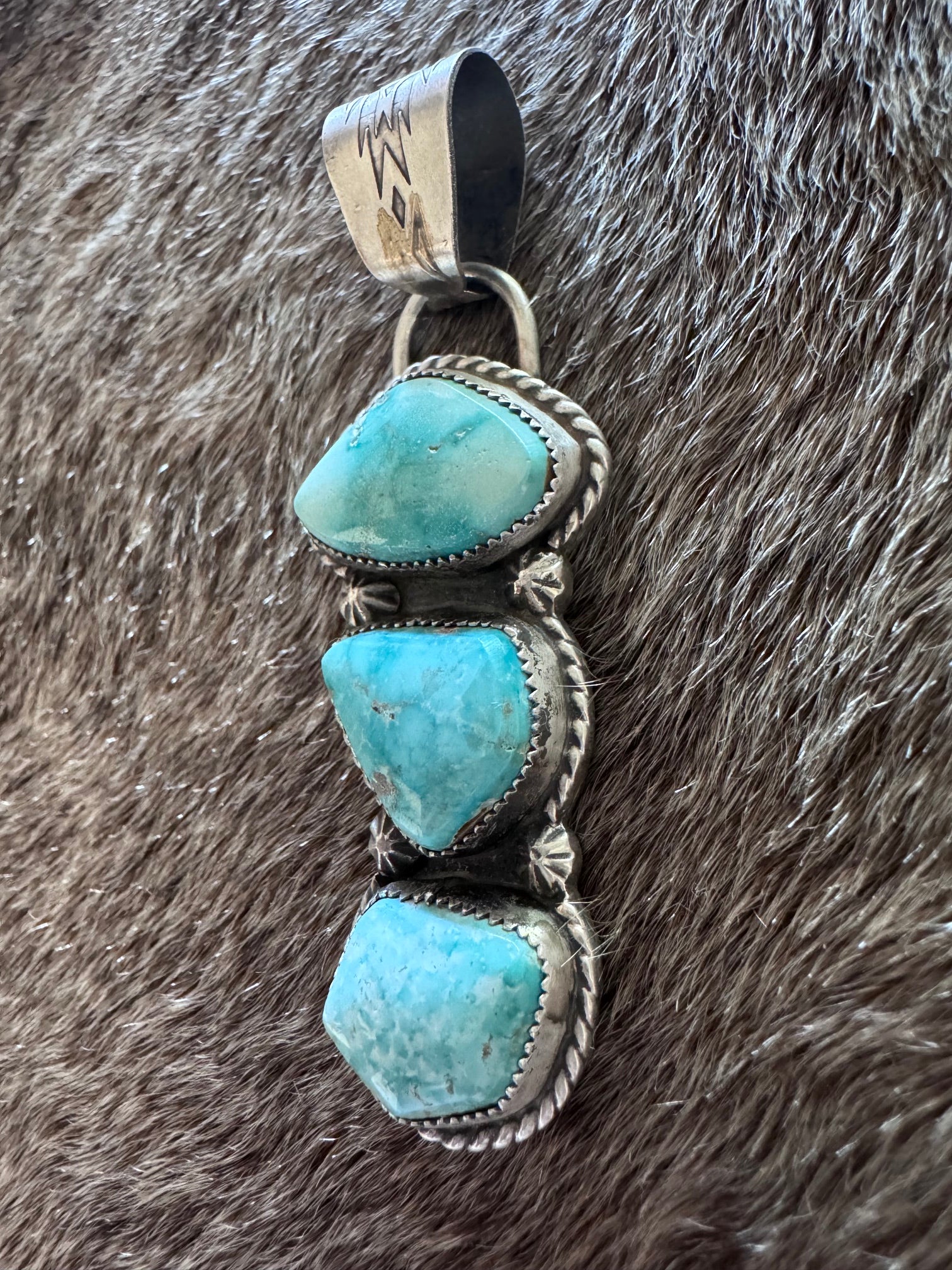 Handmade Sterling Silver & Carico Lake, White Water Turquoise 3 Stone Pendant by Roaming Buffalo