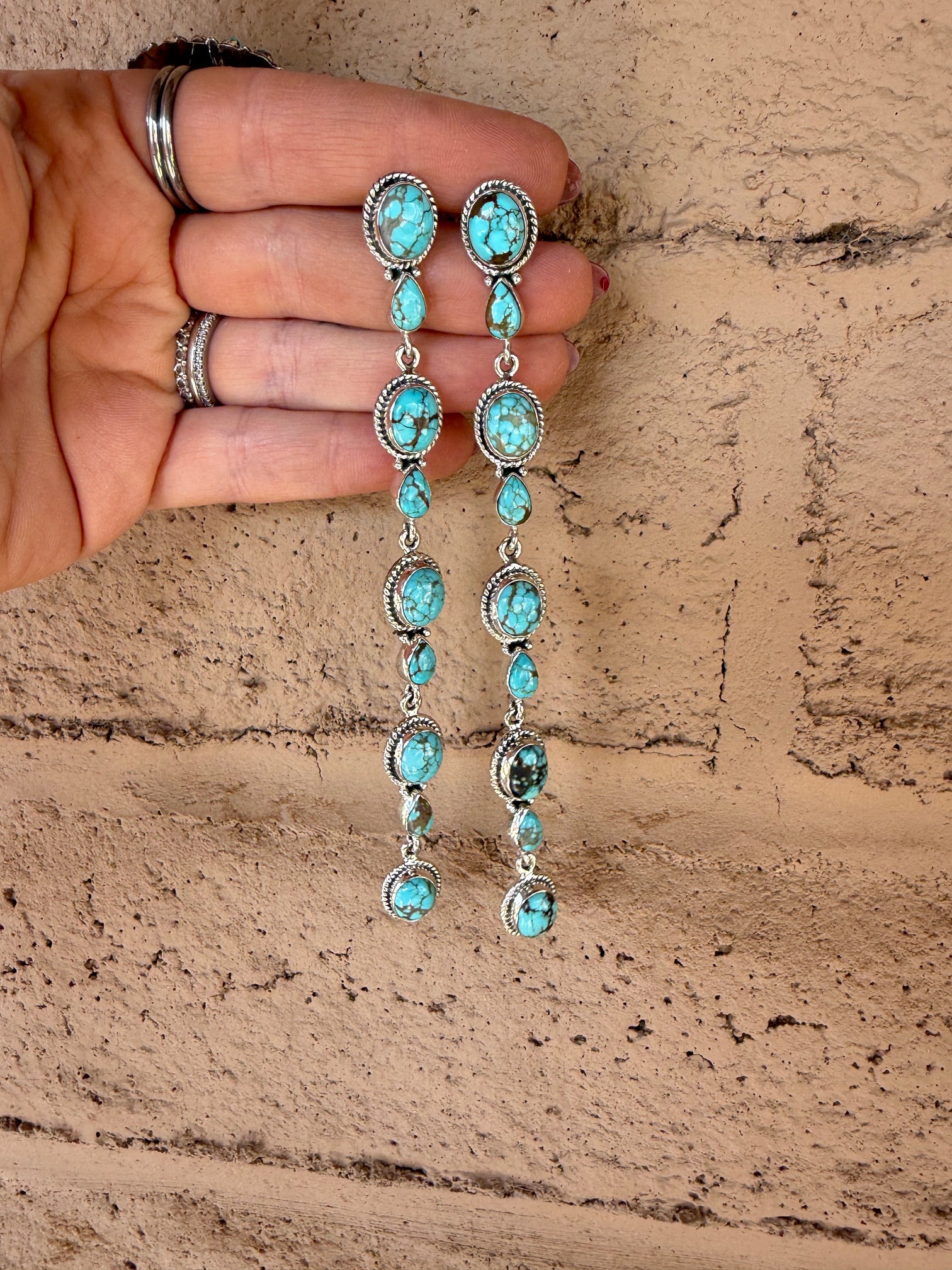 Handmade Number 8 Turquoise & Sterling Silver Dangle 9 Stone Post Earrings