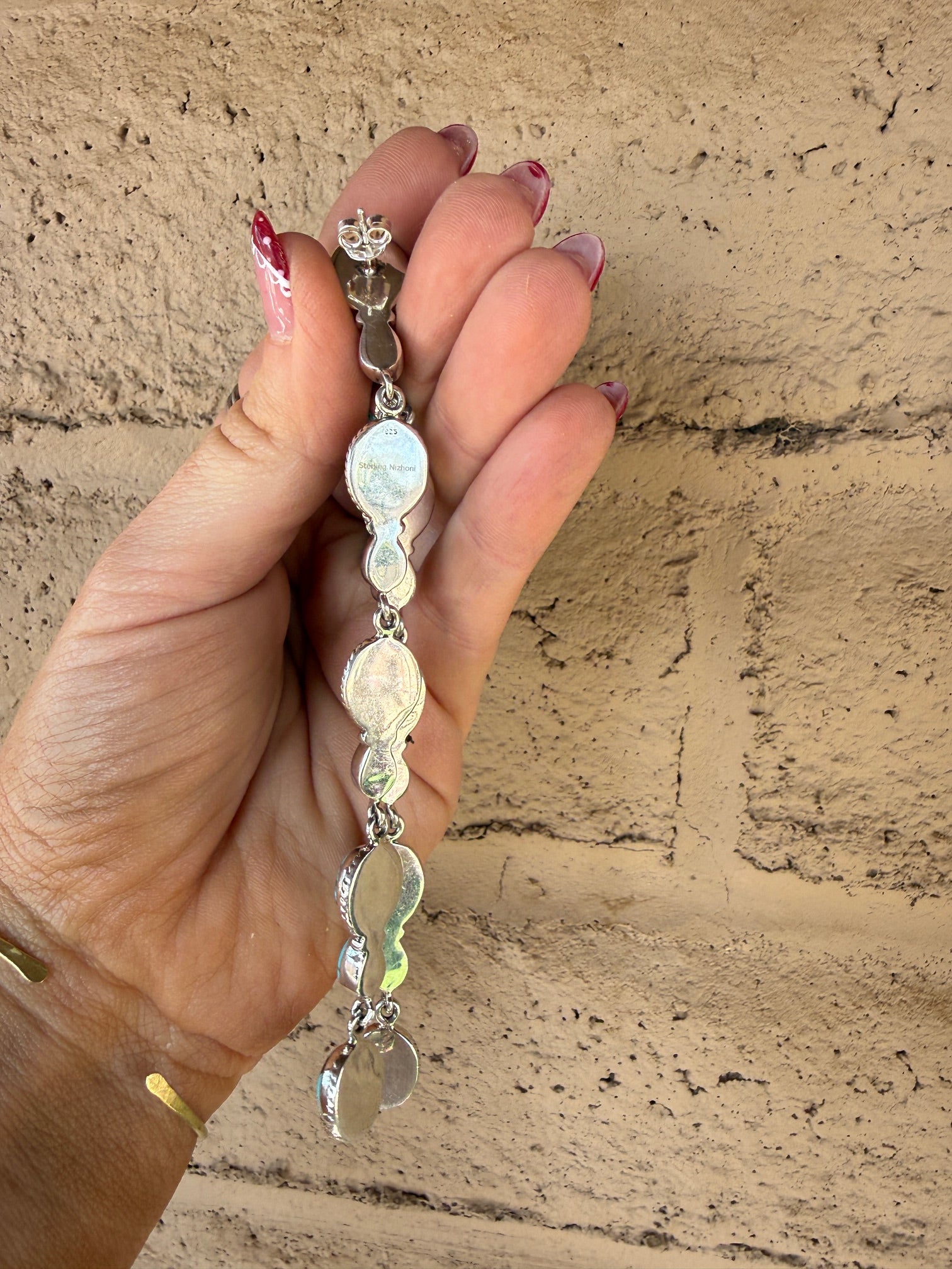 Handmade Number 8 Turquoise & Sterling Silver Dangle 9 Stone Post Earrings