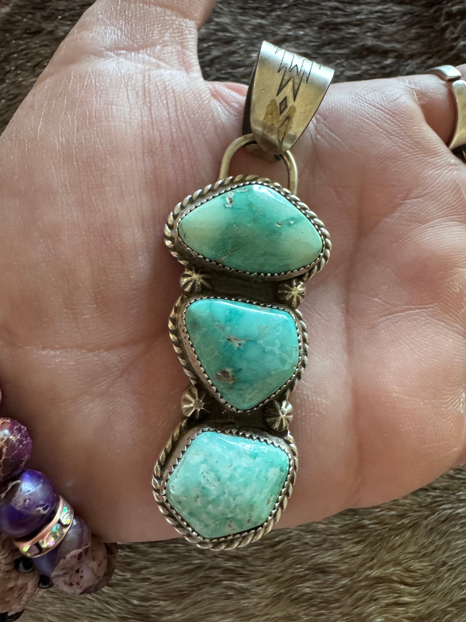 Handmade Sterling Silver & Carico Lake, White Water Turquoise 3 Stone Pendant by Roaming Buffalo