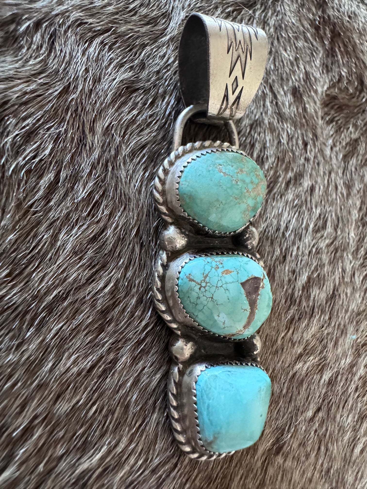 Handmade Sterling Silver & Carico Lake Turquoise 3 Stone Pendant by Roaming Buffalo