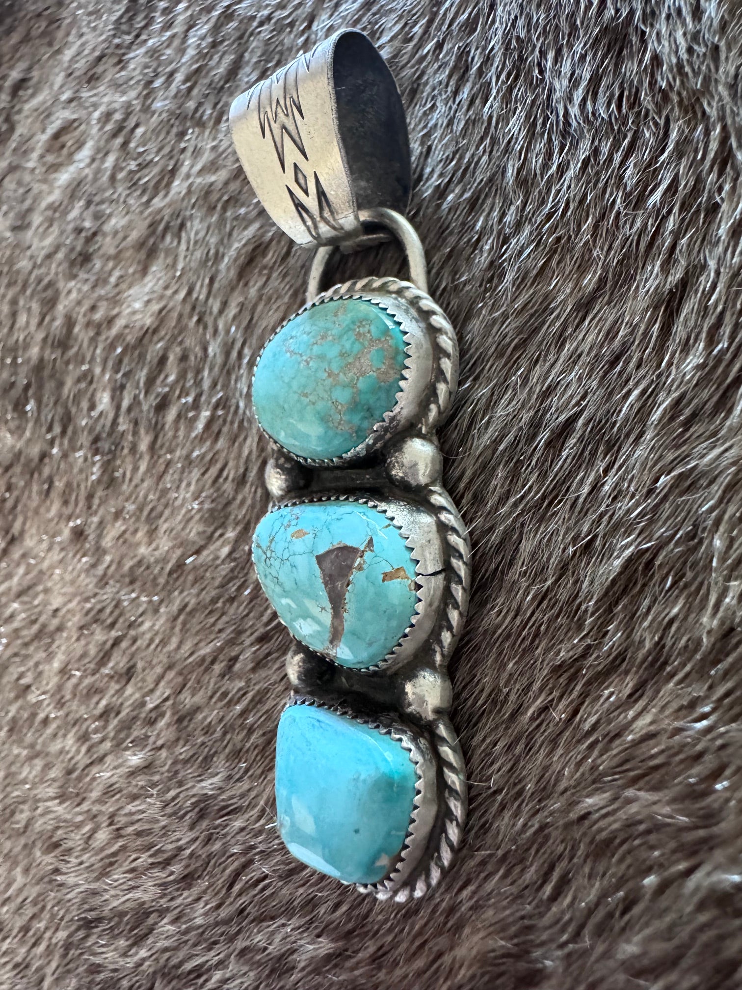 Handmade Sterling Silver & Carico Lake Turquoise 3 Stone Pendant by Roaming Buffalo
