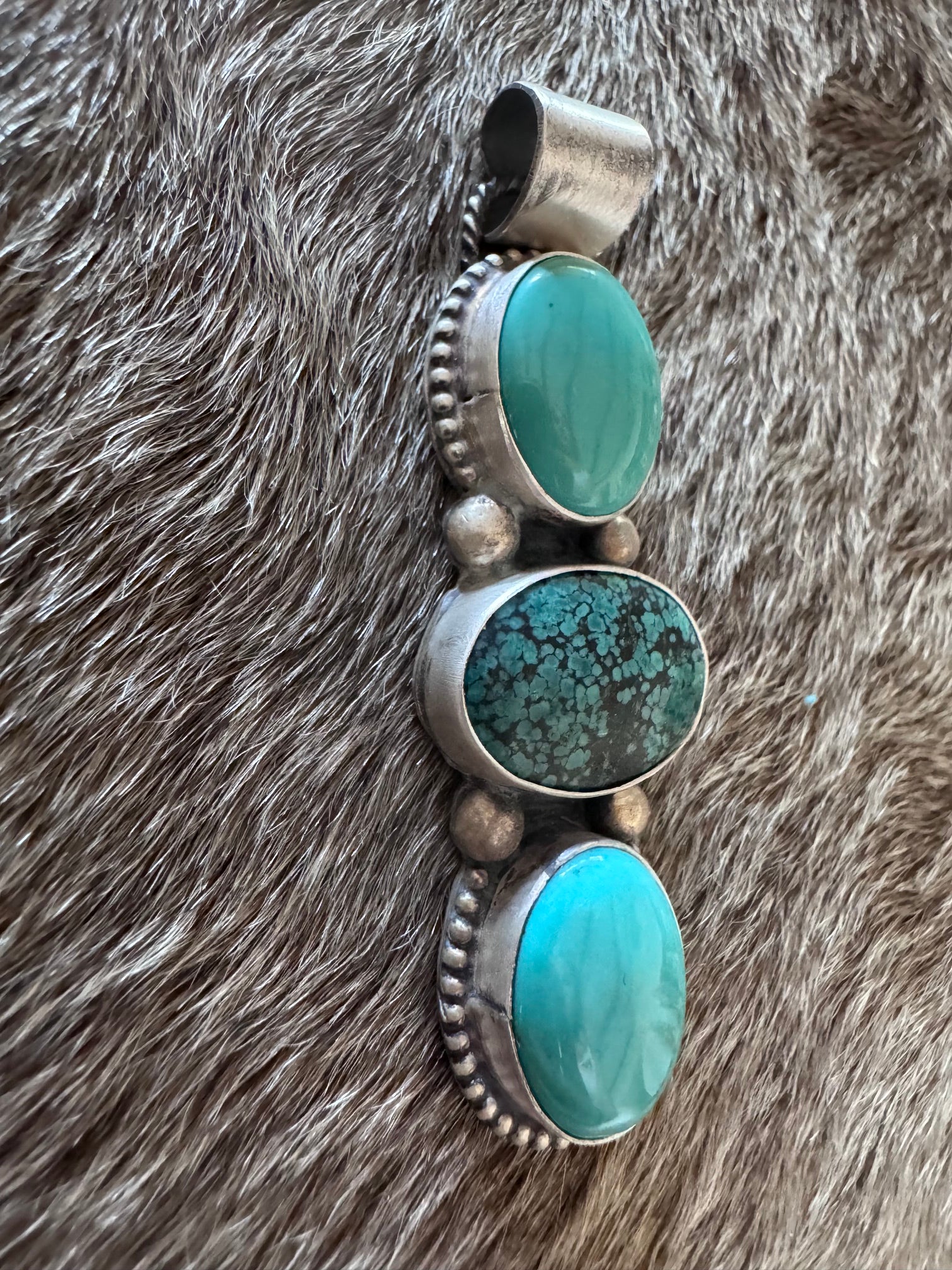 Handmade Sterling Silver & Hubei Turquoise 3 Stone Pendant by Roaming Buffalo