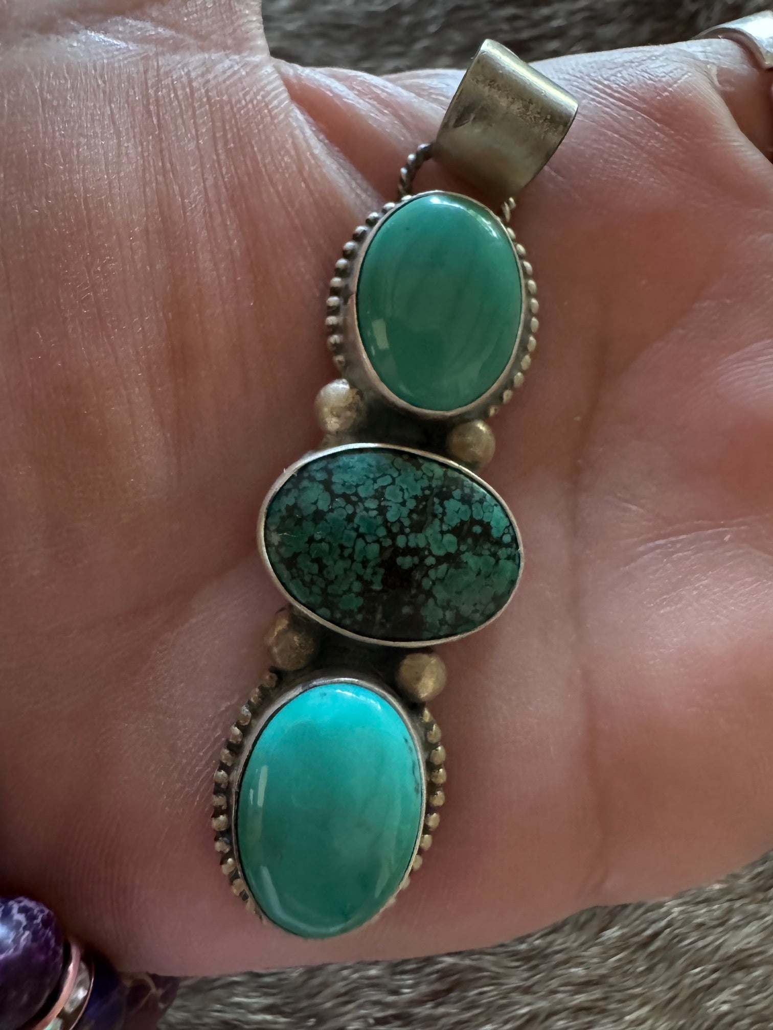 Handmade Sterling Silver & Hubei Turquoise 3 Stone Pendant by Roaming Buffalo
