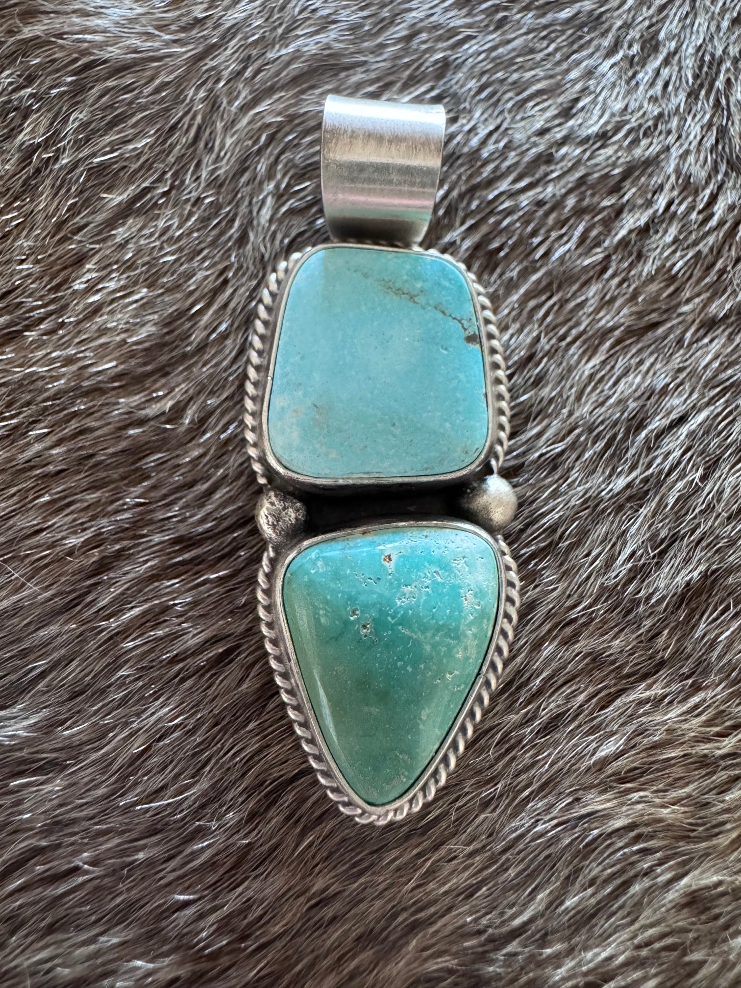 Handmade Sterling Silver & Fox Turquoise 2 Stone Pendant by Roaming Buffalo