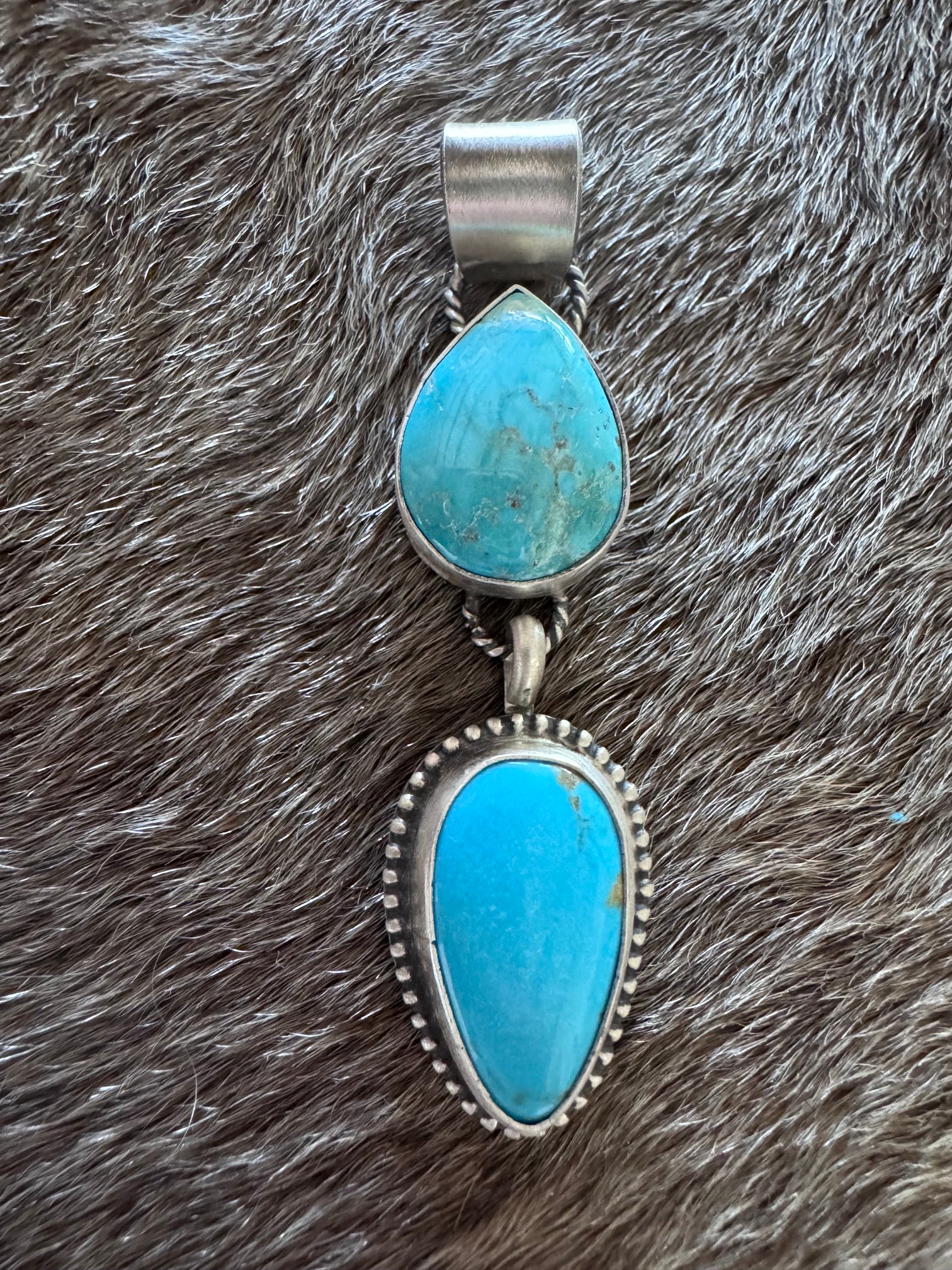 Handmade Sterling Silver & Fox Turquoise 2 Stone Pendant by Roaming Buffalo