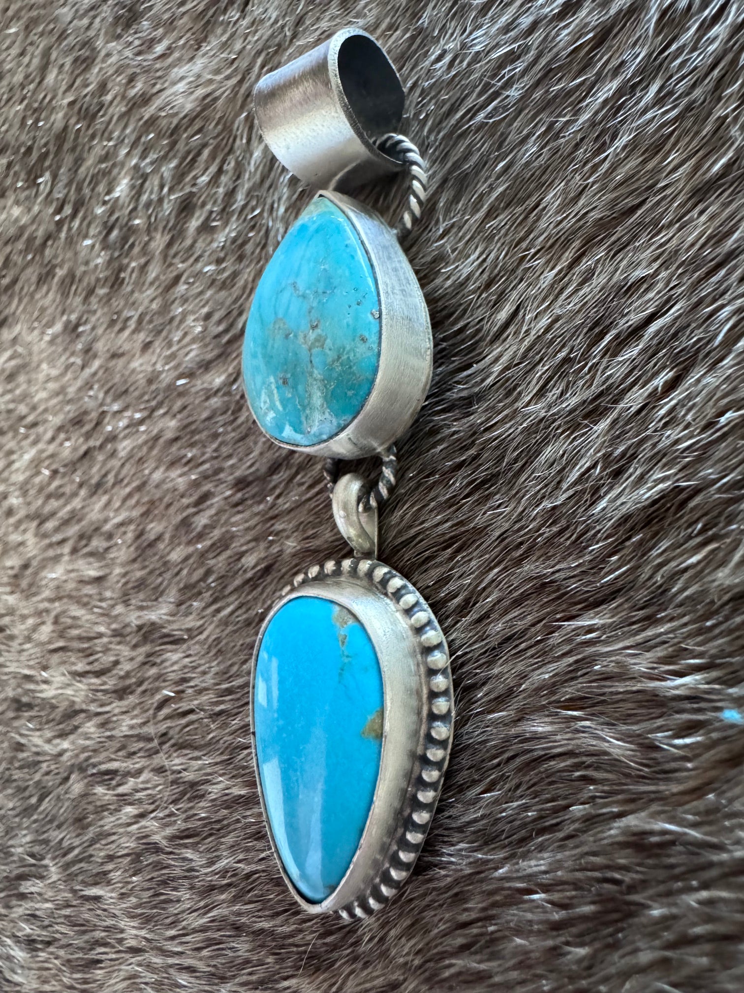 Handmade Sterling Silver & Fox Turquoise 2 Stone Pendant by Roaming Buffalo