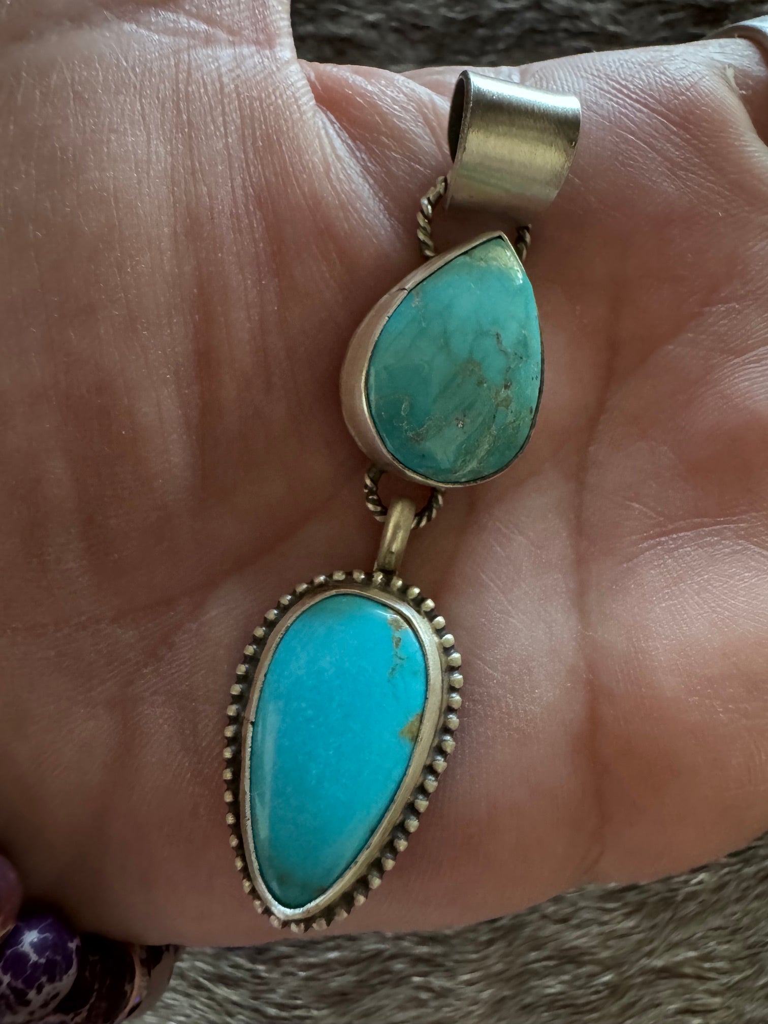 Handmade Sterling Silver & Fox Turquoise 2 Stone Pendant by Roaming Buffalo